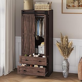 Maupvit Farmhouse Armoire with 2 Folding Sliding Barn Doors and Drawers 70.9" Tall Wooden Bedroom Wardrobe Closet with Spacious Storage Cabinet with Hanging Rod for Bedroom, Dark Brown