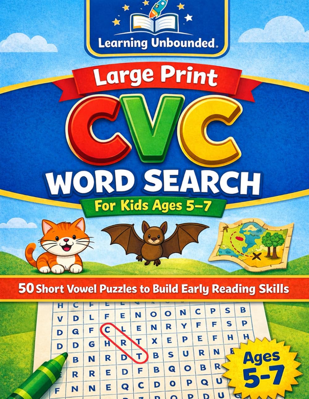 Large Print CVC Word Search for Kids Ages 5–7: 50 Short Vowel Puzzles to Build Early Reading and Phonics Skills