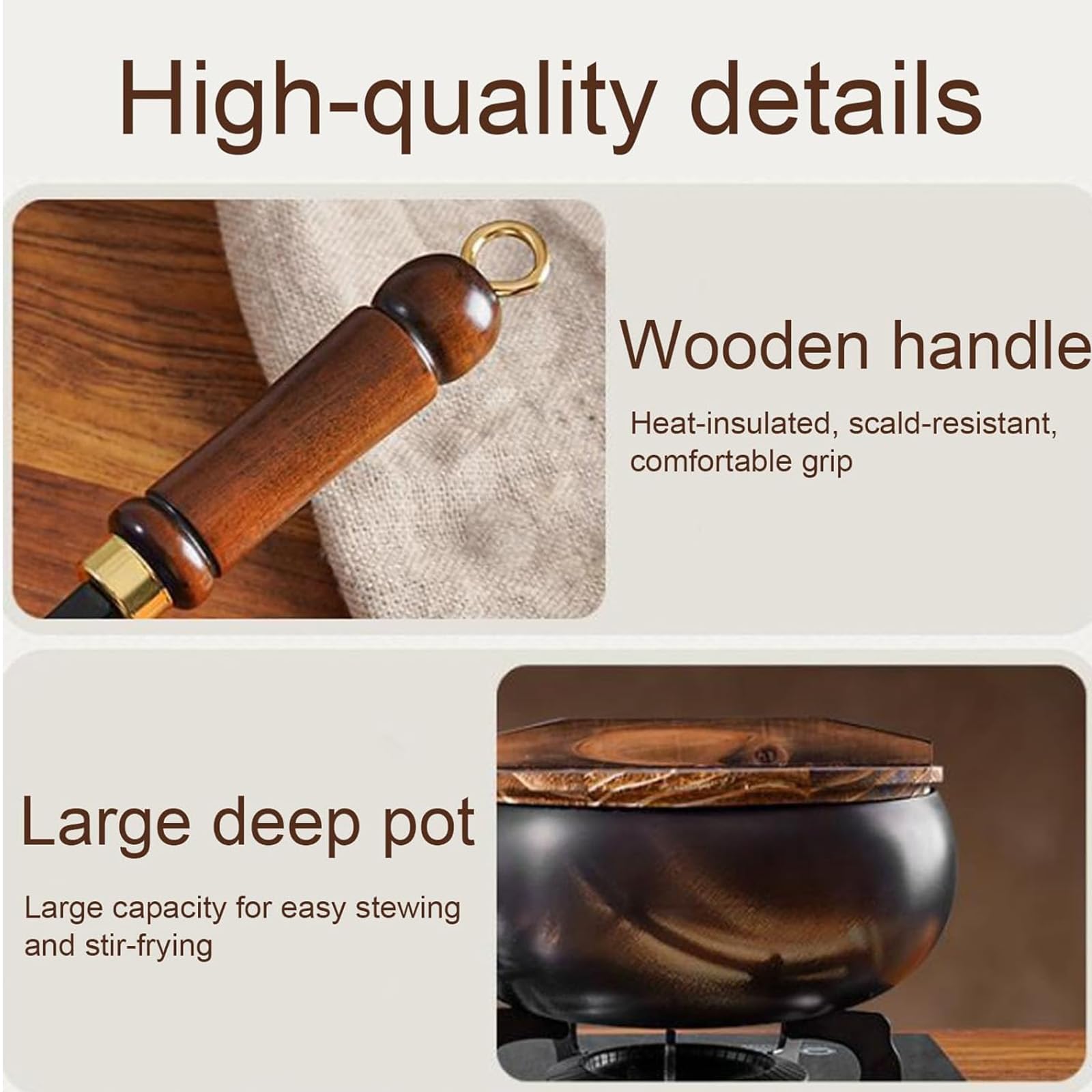 żeliwna Patelnia Z Pokrywką, Ręcznie Kuta Niepowlekana Patelnia Z żelaza, Naturalnie Nieprzywierająca, Drewniana Rączka, Do Płyt Gazowych I Indukcyjnych Wooden lid
