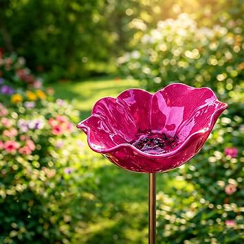 Handmade Metal Flower Garden Stakes, 2026 UpgradeMetal Flower Garden Stakes Bird Bath Bee Watering Station, Colorful Butterfly Bees Bath Bowl, Flowers Design, for Outdoor Yard Garden Decor Pink