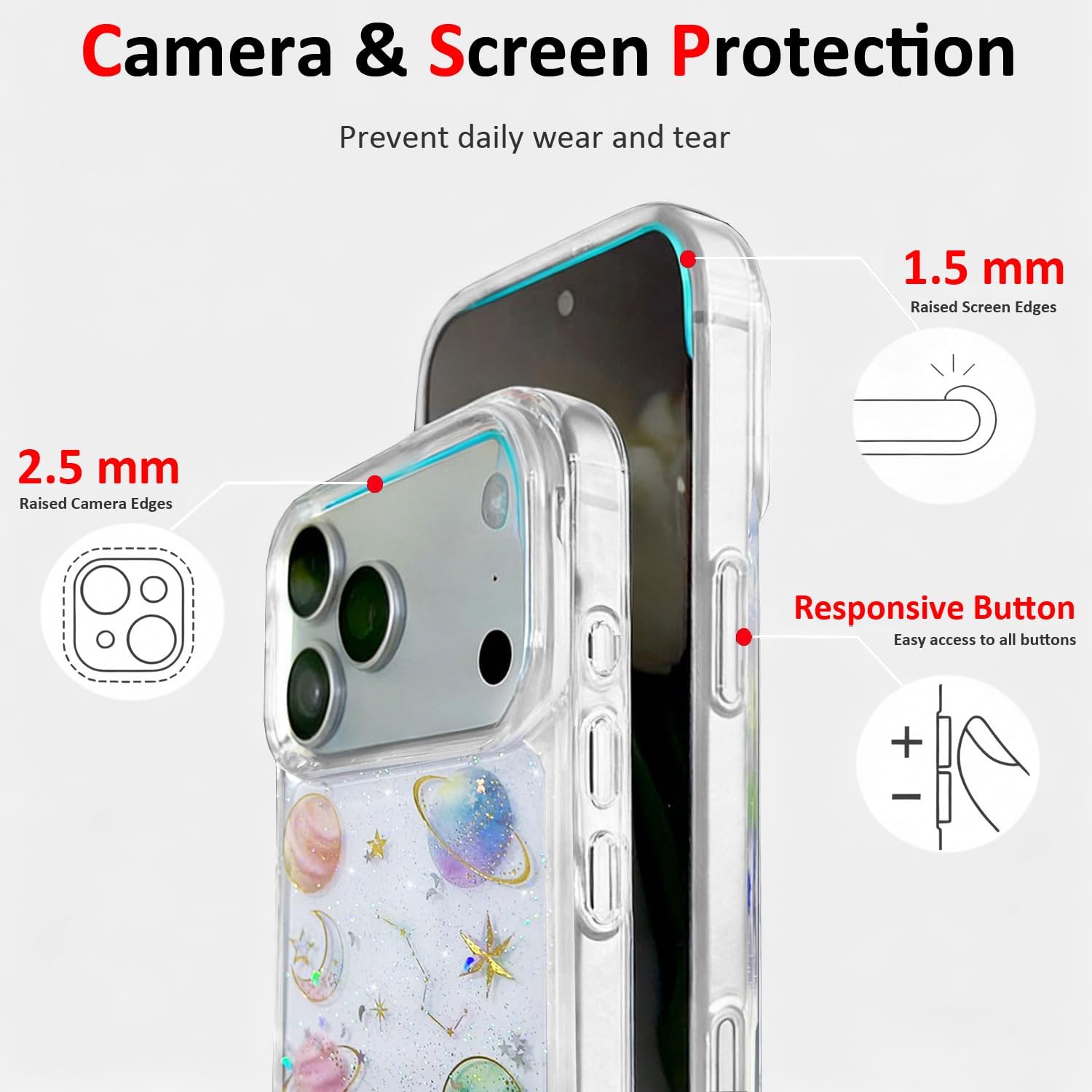 Abbery for iPhone 17 Pro Case Star and Moon Pattern Cute Clear with Planet Space Theme Design Glitter Sparkly Soft TPU Shockproof Protective Women Girl's Phone Case for iPhone 17 Pro - Image 5