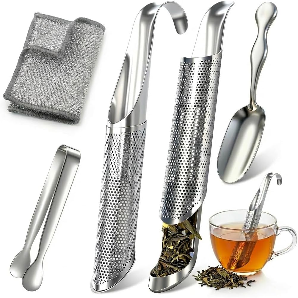 5Pcs Tea Infuser Set for Loose Leaf Tea, 2 Fine Mesh Pipe Strainers, Long Scoop, Tweezers & Cloth, Stainless Steel Steeper Kit for Home, Office, Travel & Perfect Gifts for Tea Lovers
