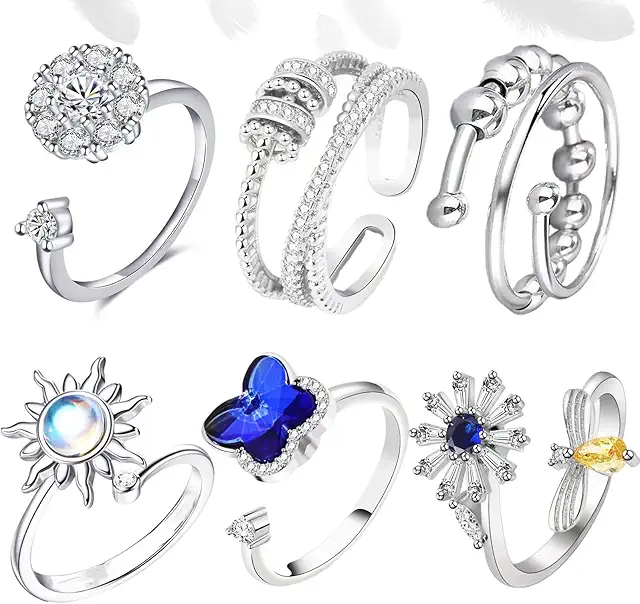 Ensemble 6 Bagues Anti-Stress Femmes Réglables Argent Zircone - Bague Anti Stress Enfant
