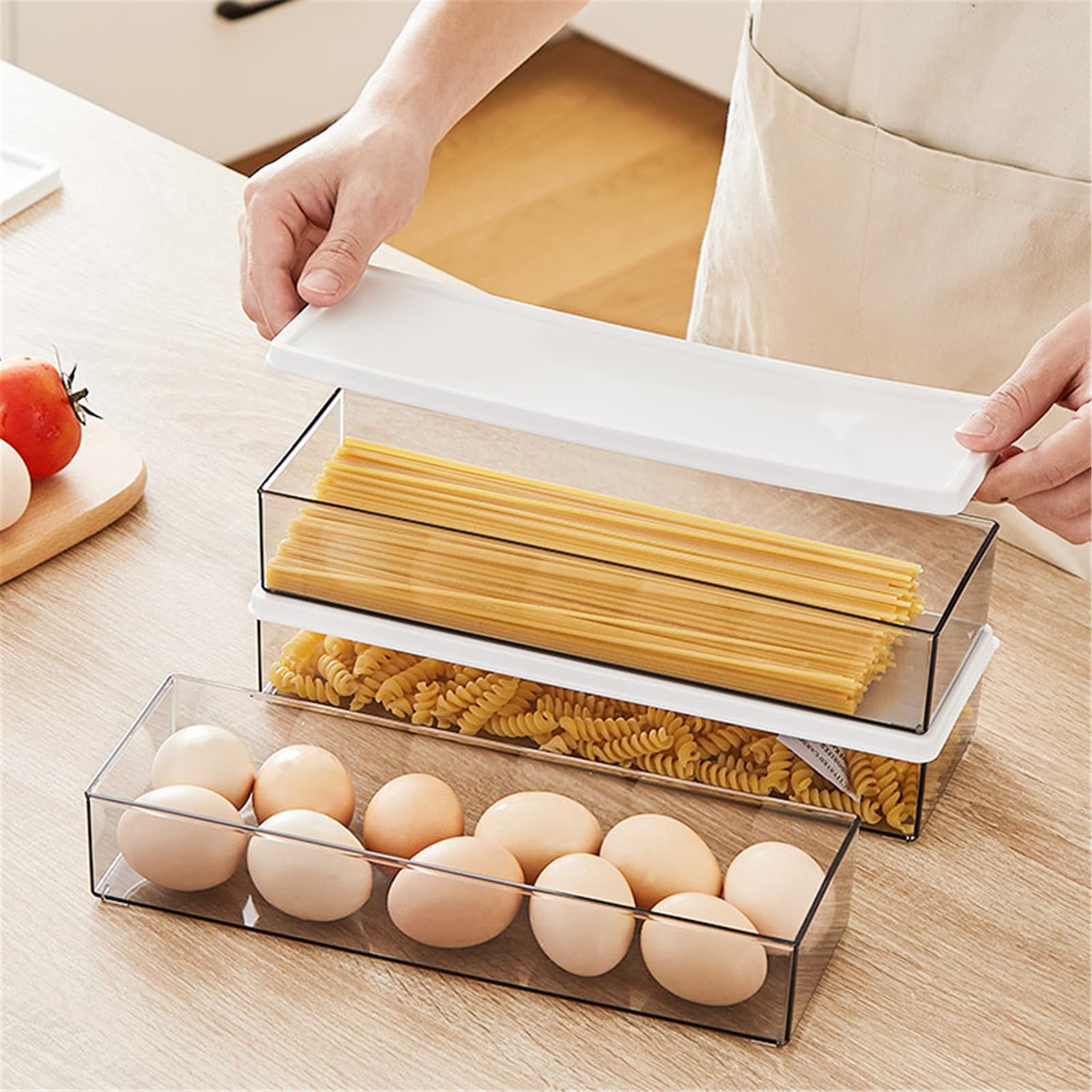 Nudelbehälter für Speisekammer, große Spaghetti- und Nudeldosen, durchsichtiges Müsli-Aufbewahrungs-Set mit Verschlussdeckel, haltbarer Kunststoff, stapelbar, Küchenschrank (6, 1.0 l horizontal)