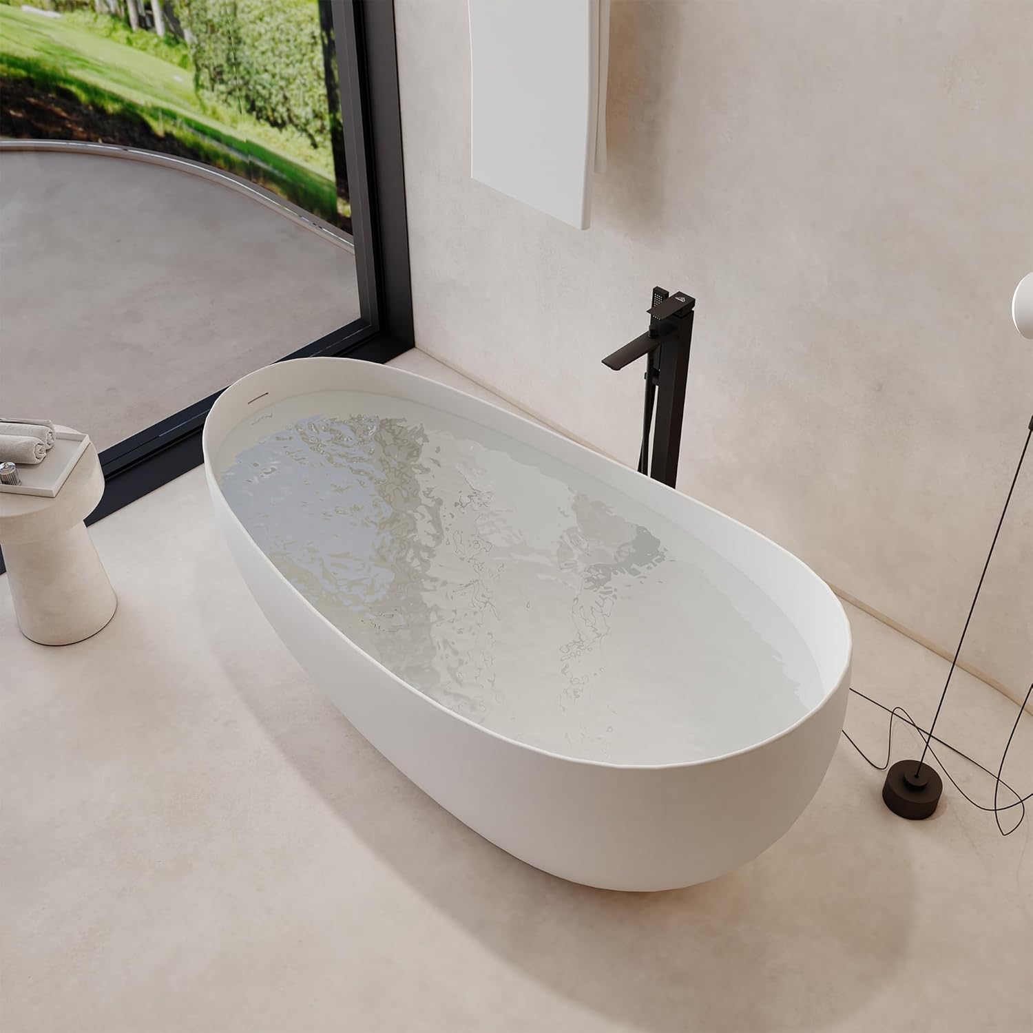 63 Inch Stone Resin Soaking Tub Matte White Solid Surface Free Standing Tub with 27.5 Inch High Backrest for Comfortable Support