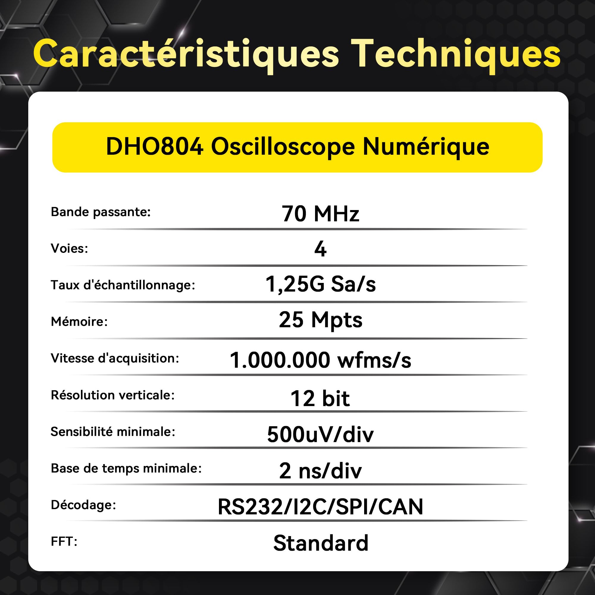 RIGOL Oscilloscope,DHO804 Oscilloscope Numerique,70MHz,4A Canal,Résolution 12 bits, écran tactile HD 7",Ultra-Portable,Pour tests sur site et enseignement en laboratoire