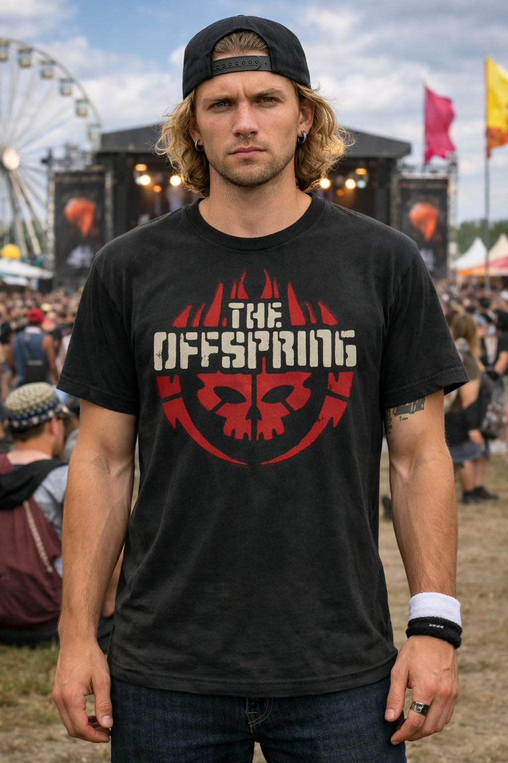 Amplified THE Offspring - Skull Logo | Kurzarm Band T-Shirt im Retro Look | Farbe: Dunkelgrau, Unisex