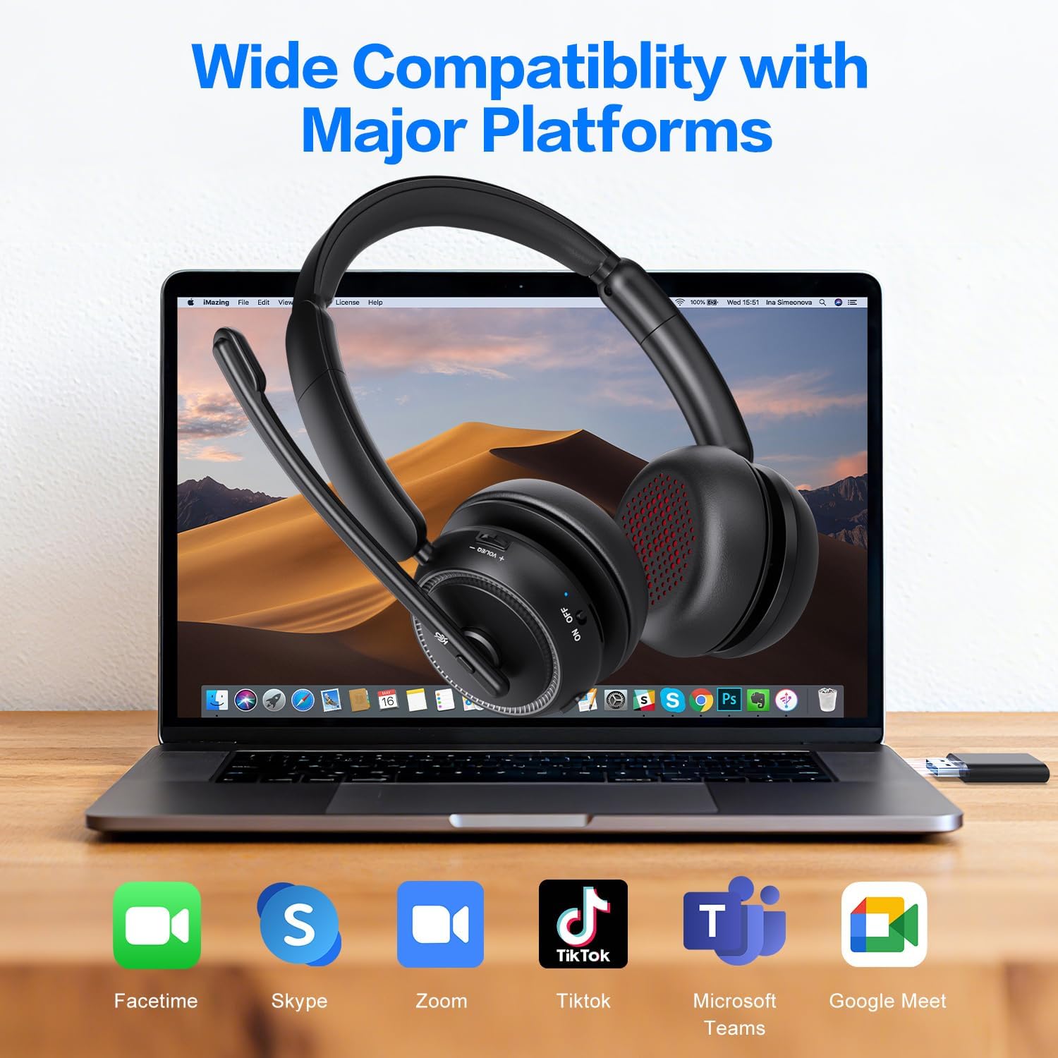 Wireless Headset with Mic for Work, Bluetooth Headphones with Microphone (Noise Cancelling & Mute Button), Wireless Headset with mic for Work/Computer/PC/Laptop/Cell Phones/Call Center/Teams/Zoom/Home