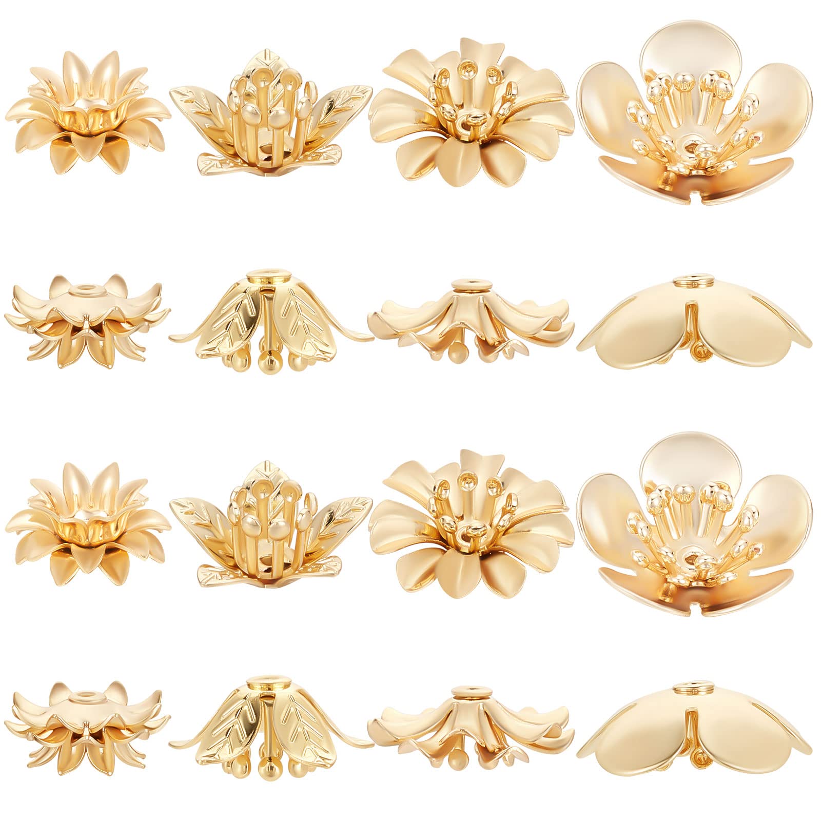 Beebeecraft 24Pcs/Box 4 Style Flower Caps for Beads 18K Gold Plated Brass Bead Caps for Bracelet Necklace Earrings Jewelry Making Supplies