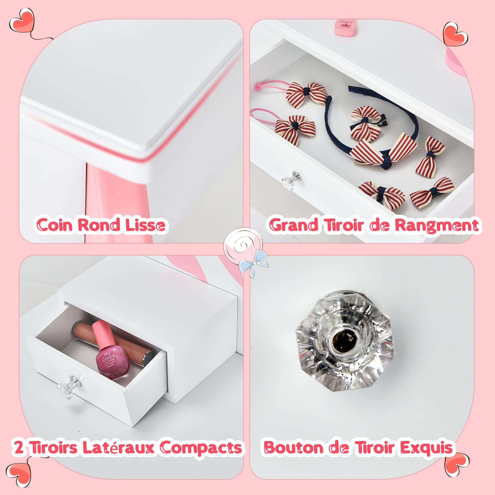 DREAMADE Coiffeuse pour Enfants 2 en 1 avec Miroir Rotatif 360° et Détachable, Table de Maquillage en Bois avec Tabouret, 3 Tiroirs, Style Princesse pour Filles,Blanc (Goutte-Blanche)