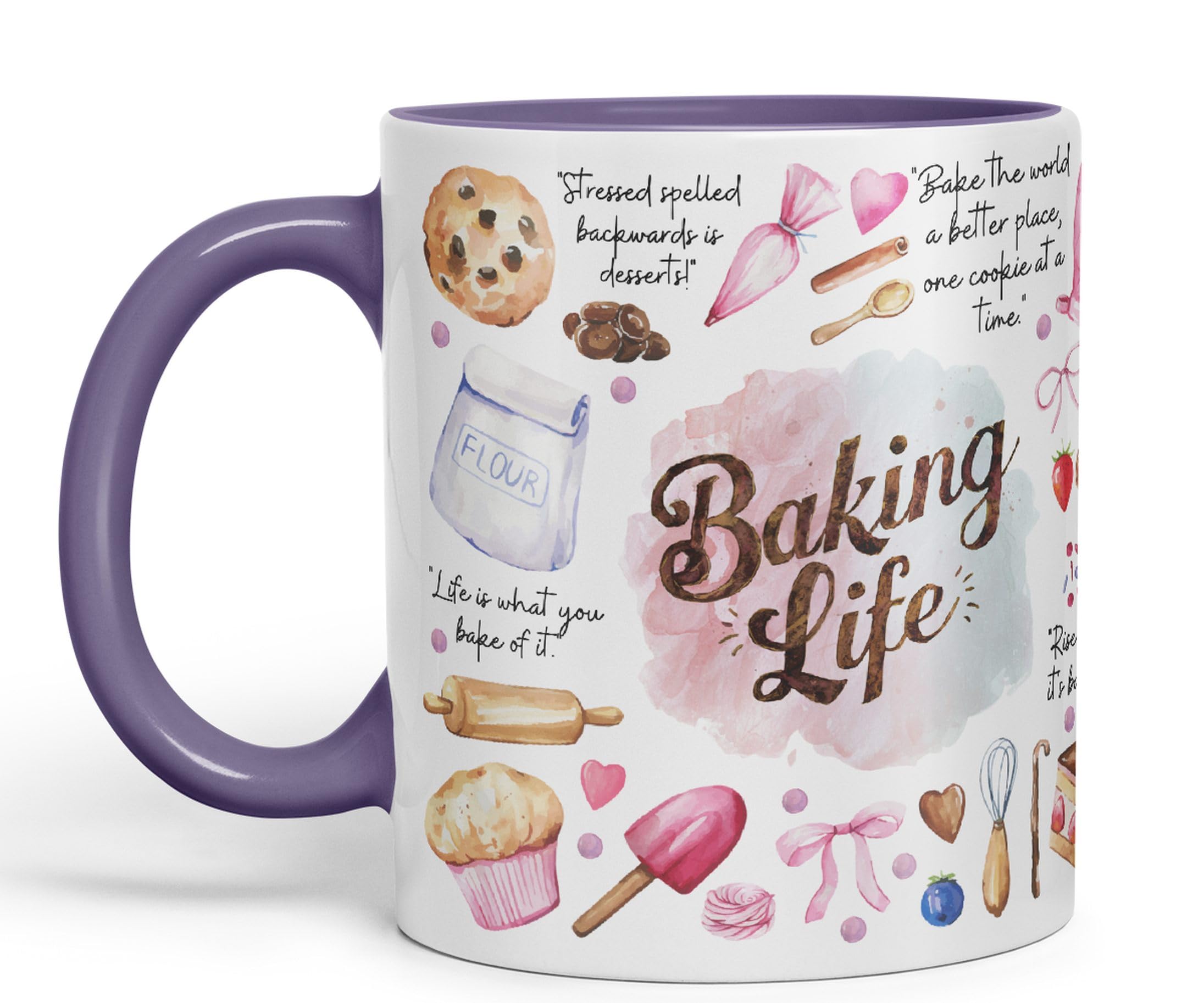 Vixar Baking Life Desserts Bake Joke sarkasm Sarcastic Ceramic Coloured Mug Cup for Tea Coffee Hot Brew 330ml 11Oz Gift (Purple)