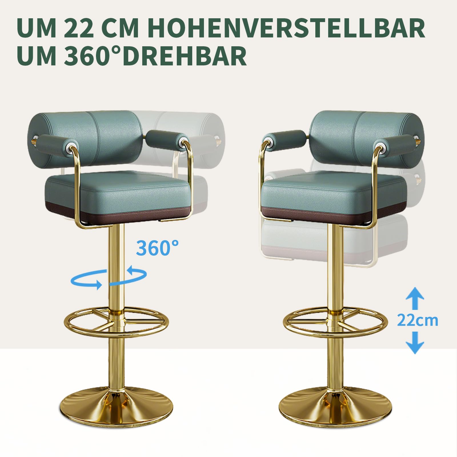 Vigosit Barhocker Set Höhenverstellbar, Barstuhl mit Lehne & Armlehne, 360° Drehbarer Tresenhocker für Küche, Gepolsterter Küchenhocker mit Großer Sitzfläche & Stabiles Metallgestell， Grün(1 Stück)