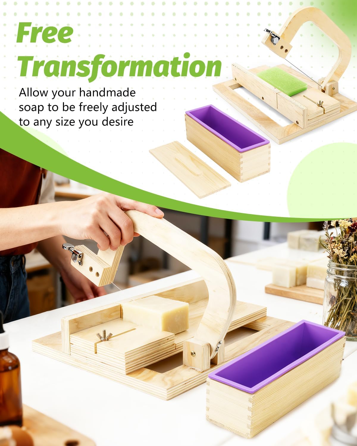 UCEC Soap Maker Kit, Adjustable Soap Cutter, Soap Loaf Mold Silicone Liner with Wooden Box & Lid 42OZ for Soap Making, Candle, Cake, Pudding, Chocolates
