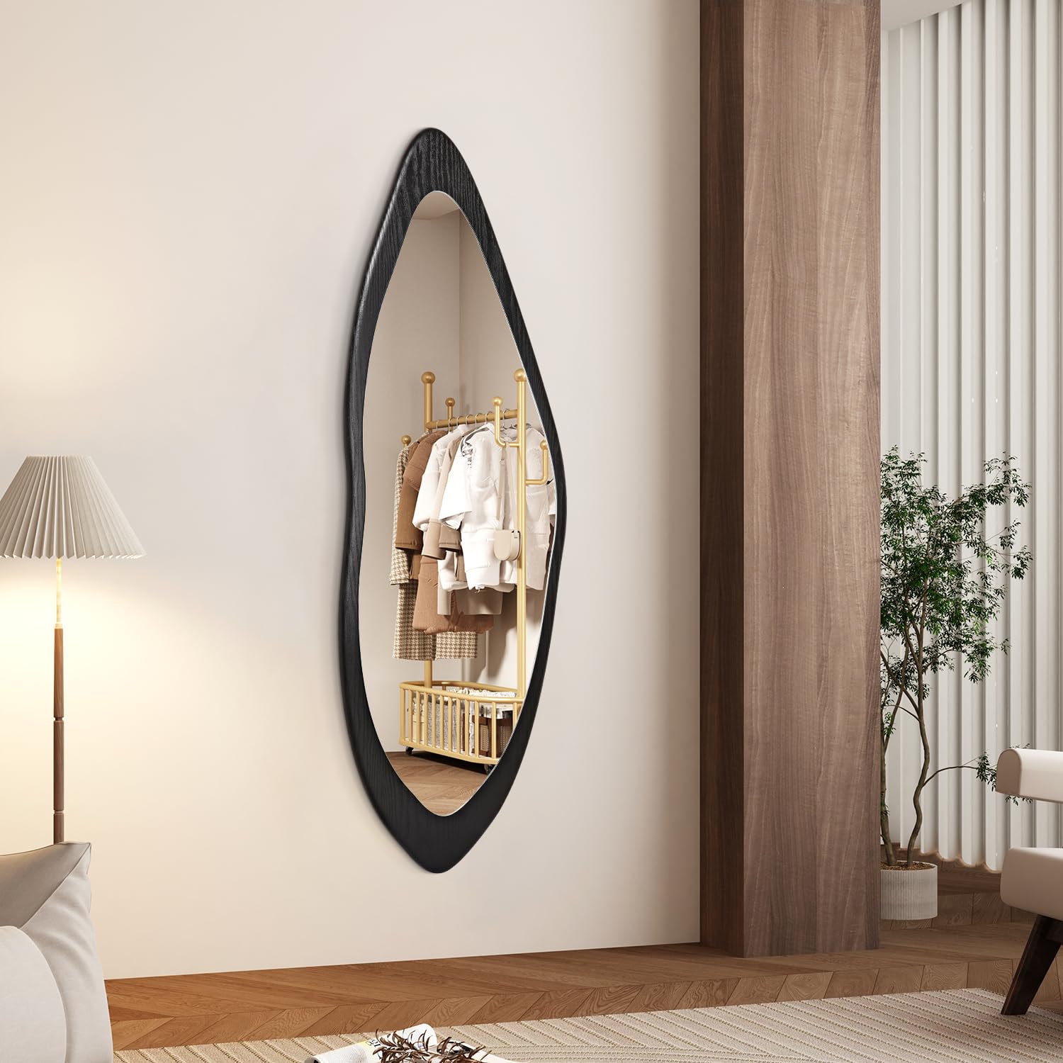 AAZZKANG Specchio da Parete Irregolare a Figura Intera Grande con Cornice in Legno 120x40cm Nero Asimmetrico a Figura Intera per Camera da Letto Soggiorno Ingresso