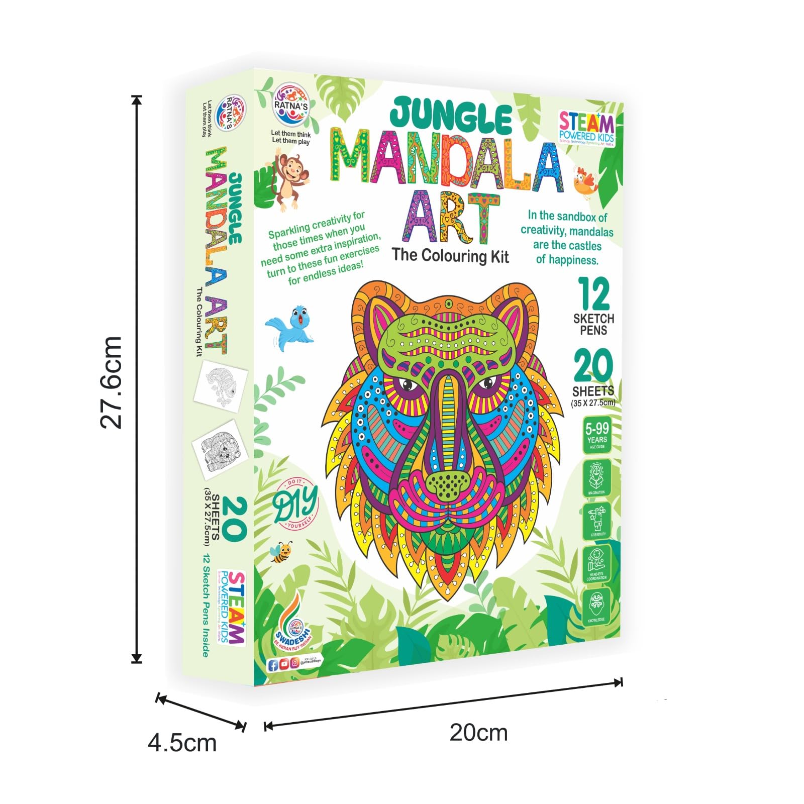 Ratna's Jungle Mandala Art Colouring Kit - 20 Sheets (35 x 27.5 cm) with 12 Sketch Pens Inside - Creative Coloring Fun for All Ages 2