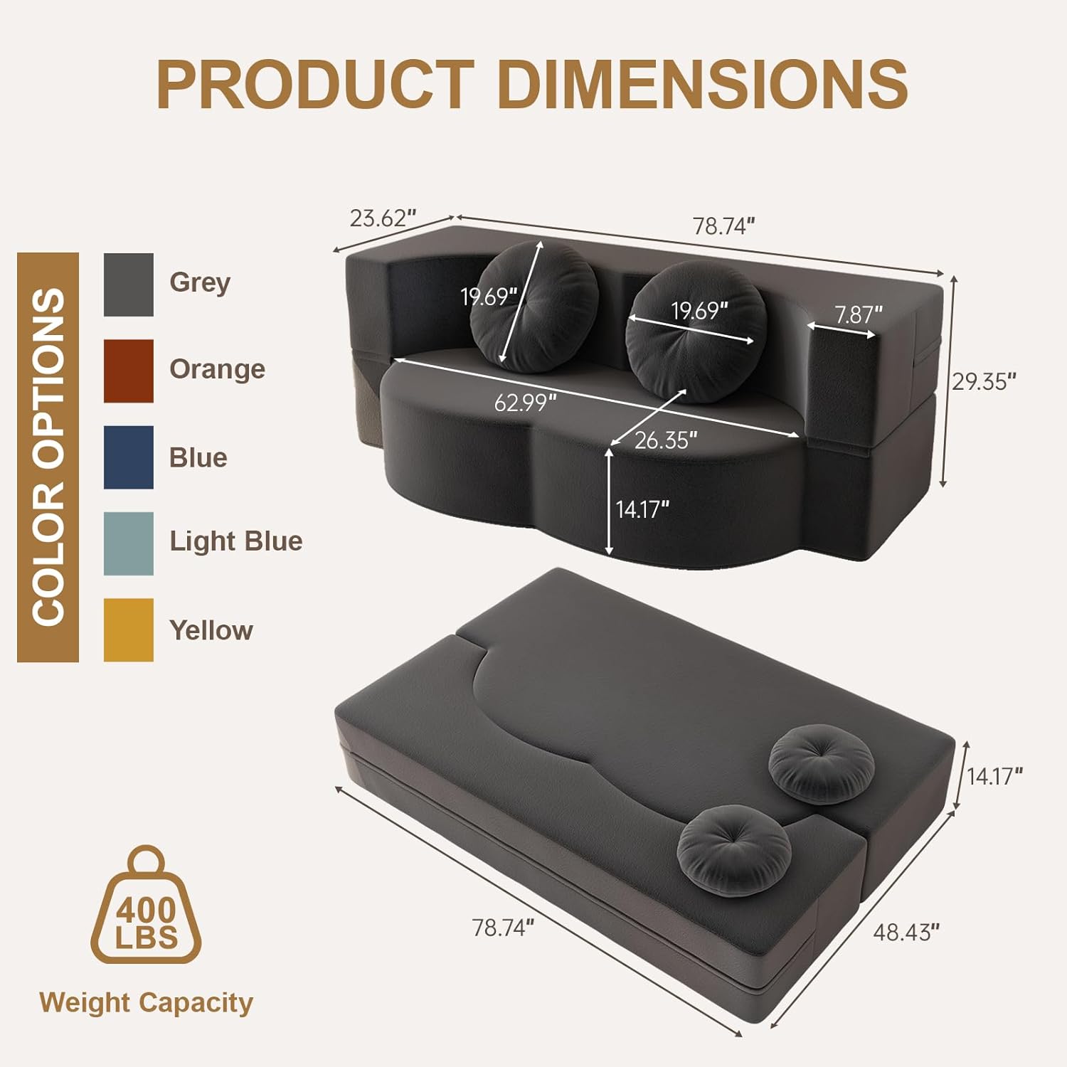 79" Convertible Sofa Bed with Pillows, 2-in-1 Pull Out Loveseat Sleeper Sofa Cloud Couch, Corduroy Folding Bed Fold Out Floor Couch for Living Room Bedroom Lounge (Grey)
