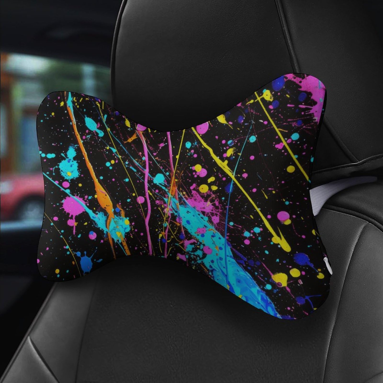 SMAZDFXX Neon Splatter Ink Car Neck Pillow Set of 2 Car Seat Head Support Cushion Bone Pillows with Elastic Strap