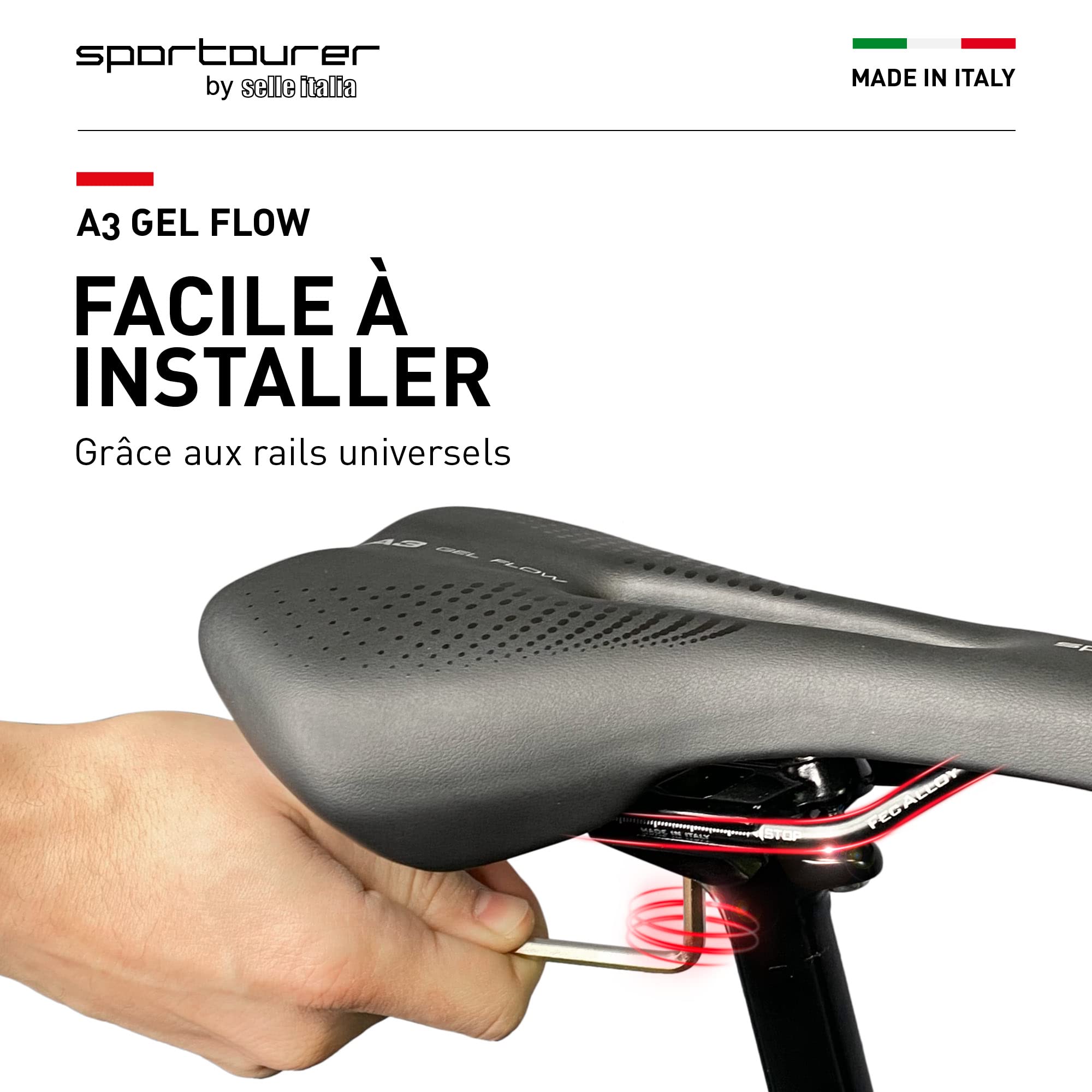 Sportourer by Selle Italia - A3 Gel Flow, Selle de Vélo Souple avec Gel, Hydrofuge et Adaptée à tous les Types de Vélos - Noir