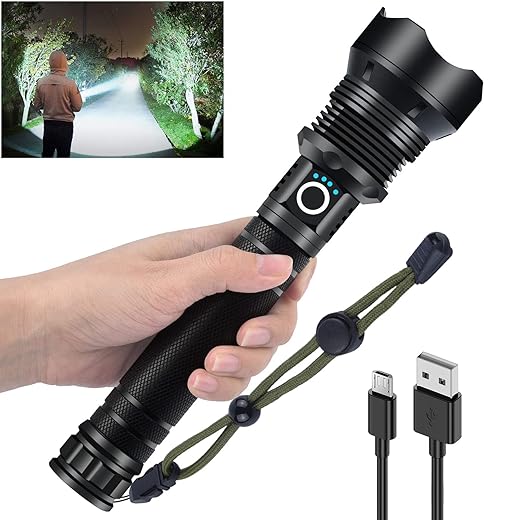 Alifa Rechargeable Led Flashlight High Lumens, 150000 High Lumens Tactical Flashlights, P70.2 LED Super Bright Flashlight, Zoomable, 3 Modes, Waterproof Flashlight for Emergencies