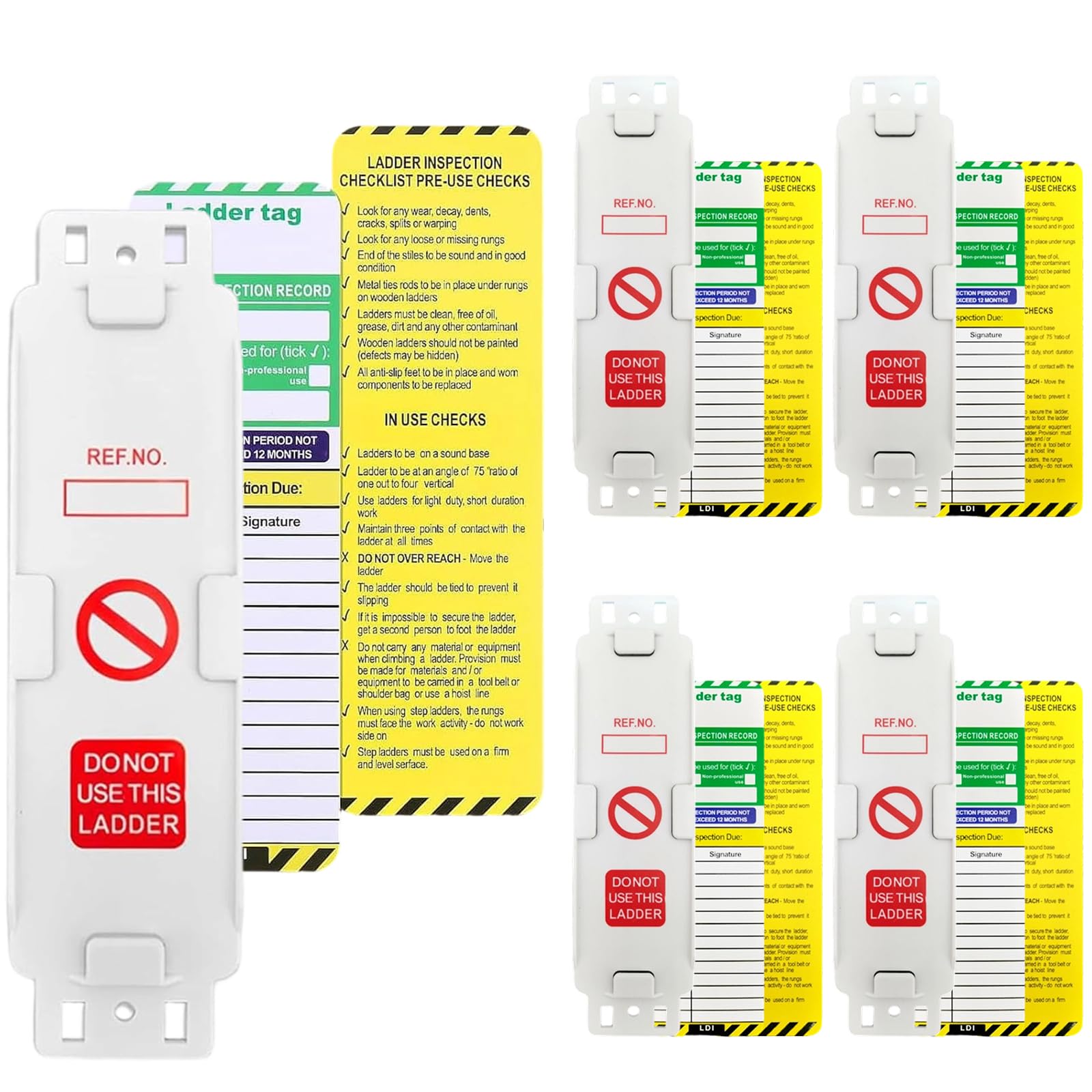 Ladder Tags, 5 Holders and 10 Ladder Inspection Labels, Rewritten Tags, Eye-catching and Durable, Indoor and Outdoor Safety Protection, for Health and Safety Inspections in Facility Management
