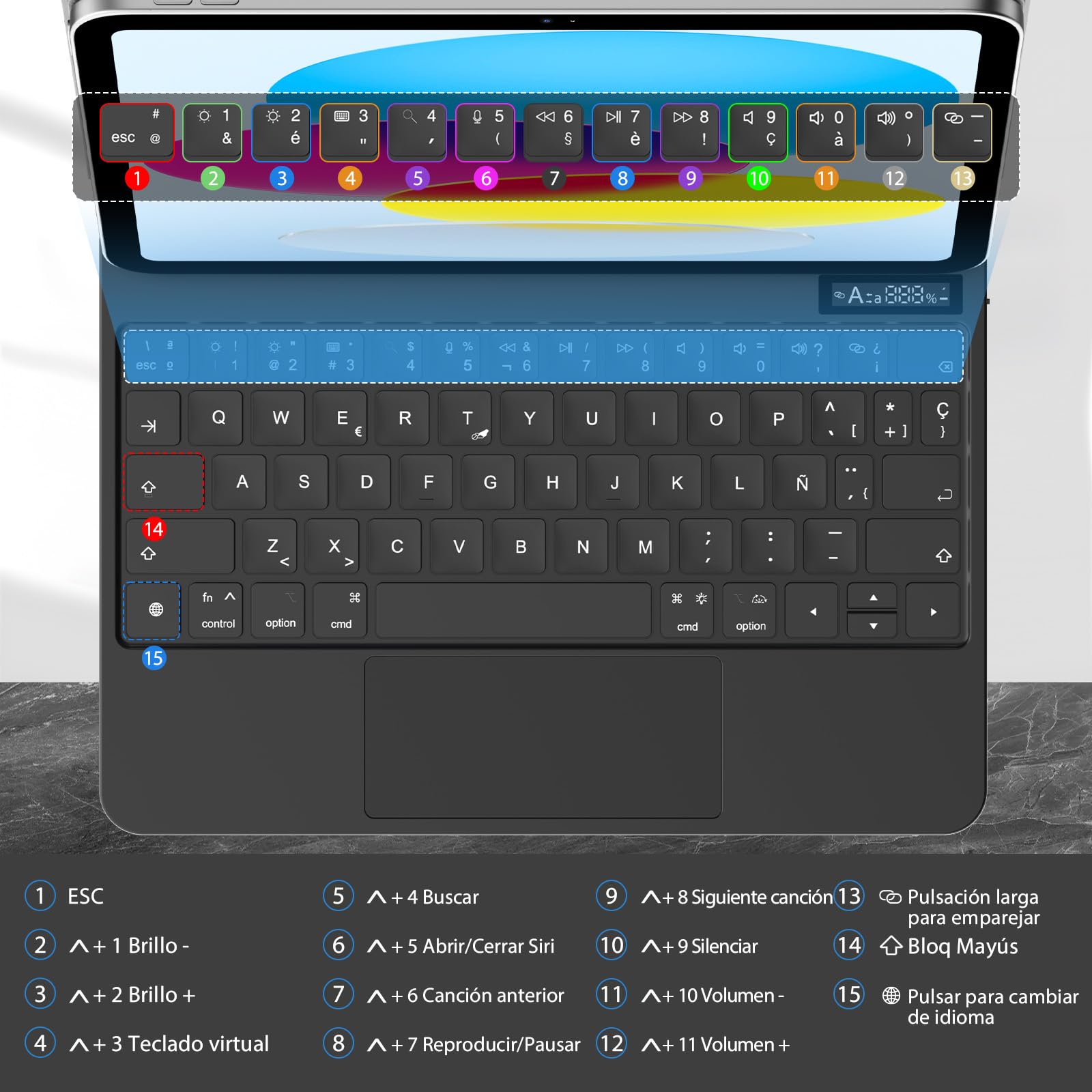 KBCASE Magic Keyboard iPad para Air 11'' M4 /M3/ Air 6/5/4 Gen y iPad Pro 11 4/3/2/1 Gen, Teclado iPad Air 11" con 7 Colores Retroiluminación, Trackpad Multitáctil, Indicador de batería, Español (Ñ)