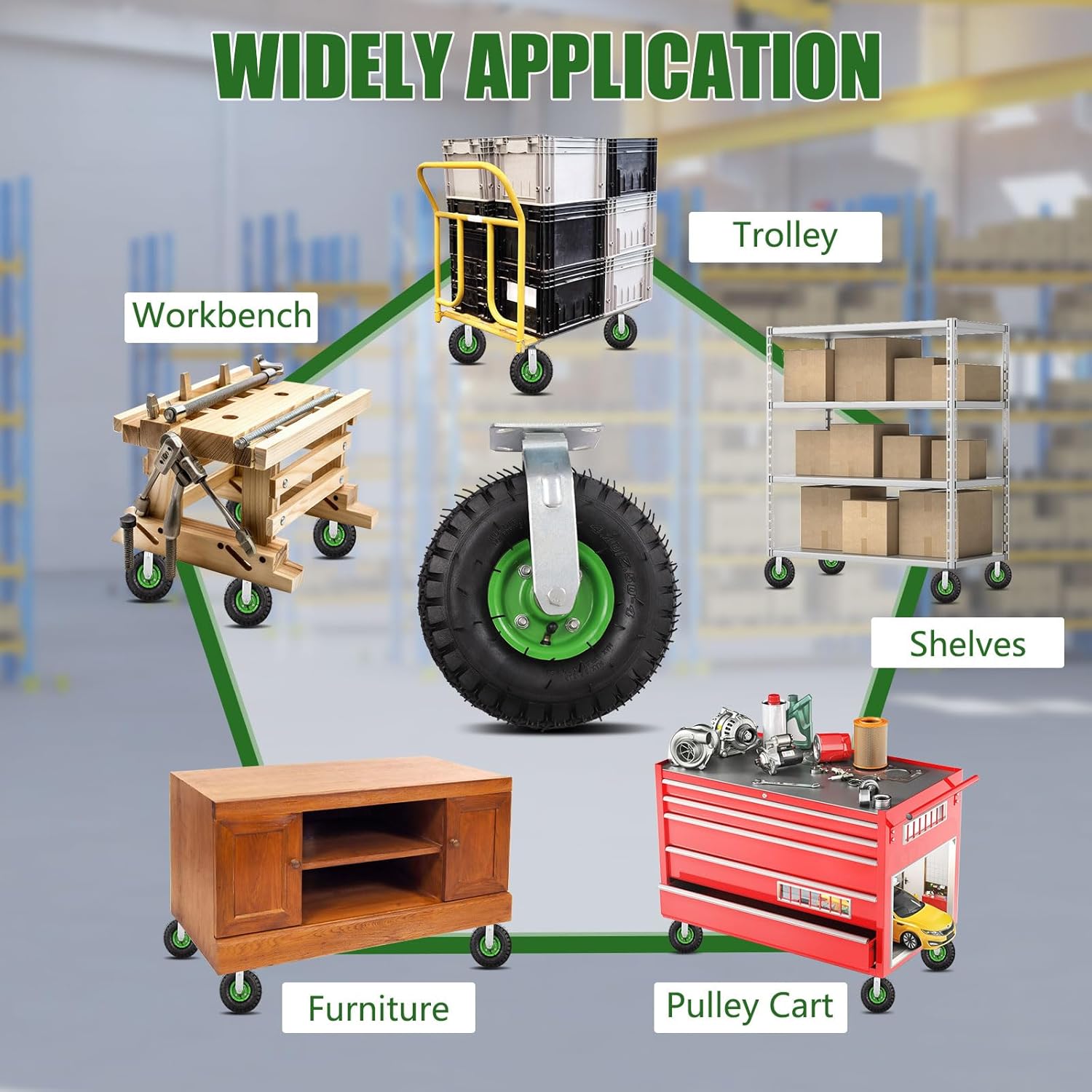 10" Pneumatic Caster Wheels, 4Pcs Heavy Duty Air Tires Rubber Wheel with 2 Swivel/2 Rigid, Rubber Knobby Tread for Workbench, Cart, Trolley, Wagon and Shelves, 300kg/661.39lbs Load Capacity