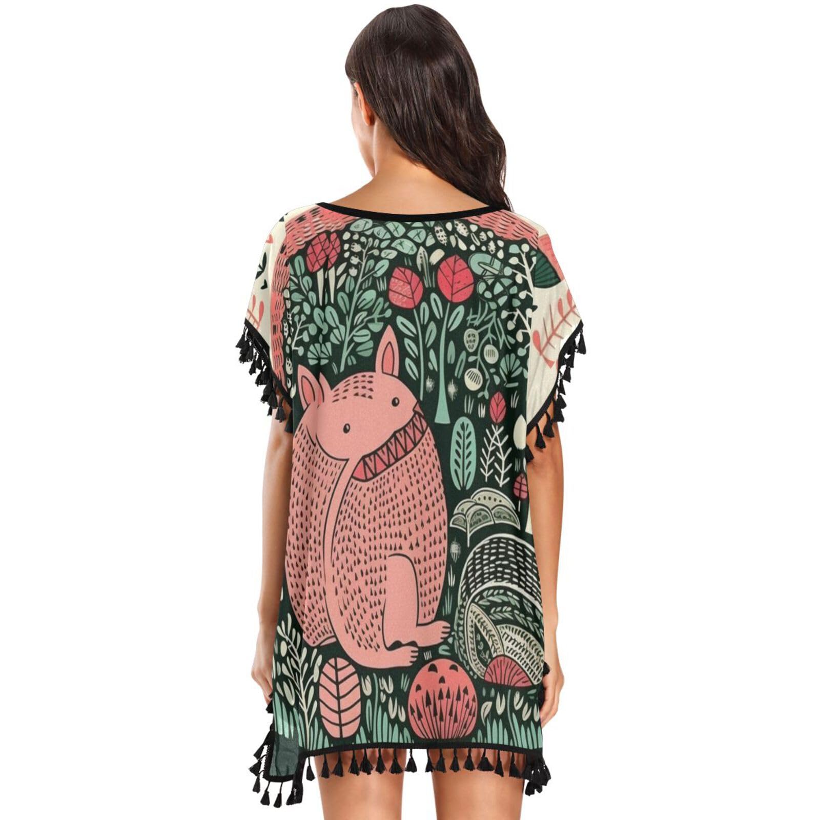 Cartoon Line Art Hedgehogs Women's Beach Cover Up Chiffon Tassel Swimwear Swimsuit Coverups for Girl