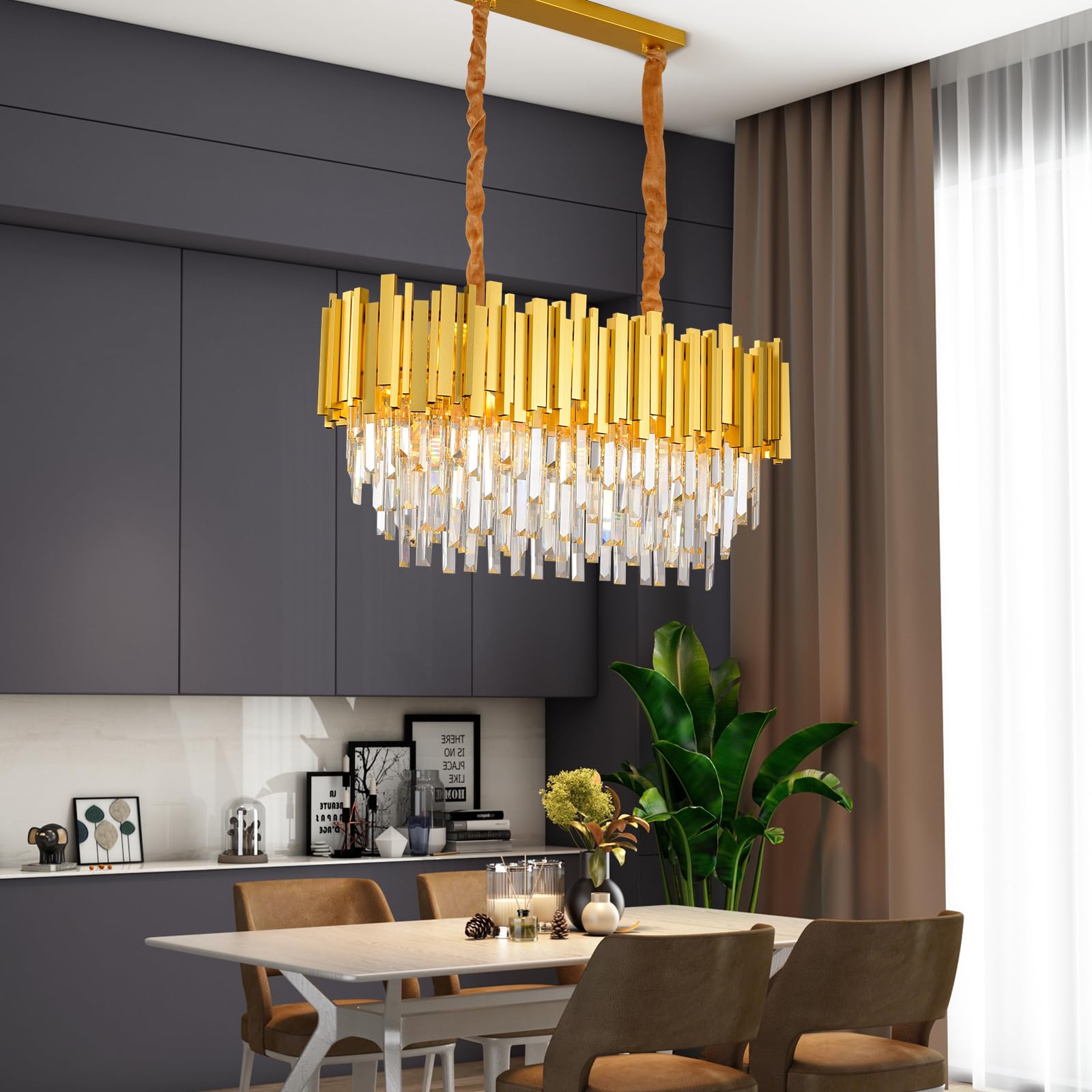 Lampadario di cristallo moderno,E14 x 10 luci Pendant a pendolo,Lampadario a Cristalli Rotondi,per la sala da pranzo, cucina, soggiorno, camera da letto, corridoio, caffè, bar(80 * 30 Cm,Oro)