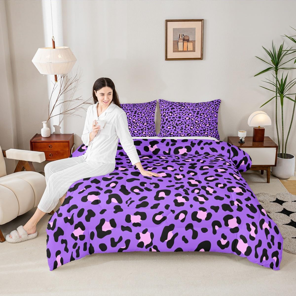 Erosebridal Cheetah Print Comforter Set Queen Purple Leopard Bedding Comforters & Sets Pink Wildlife Skin Duvet Abstract Art Quilt Comforter 3 Piece with 2 Pillow Sham Soft, Animal Themed Home Decor
