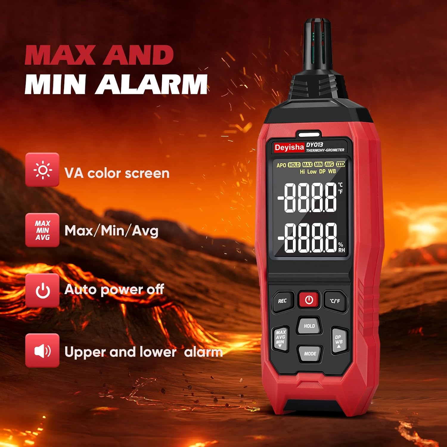 Industry Temperature Humidity Meter High Precision and High Rate Hygrometer with Ambient, Relative Humidity, Dew Point, Wet Bulb Thermometer, Min/Max Hold ±1°F and ±3% RH, 8000 Data Records
