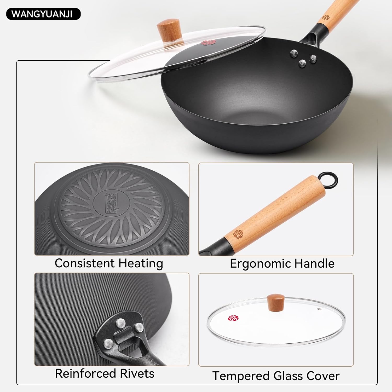 WANGYUANJI 11.8" High Purity Iron Wok Pan,Flat Bottom Stir Fry Pan for Electric,Induction & Gas Stoves,No Chemical Coating Carbon Steel Alternative,Traditional Hand-Hammered Skillet for Cooking - Image 7