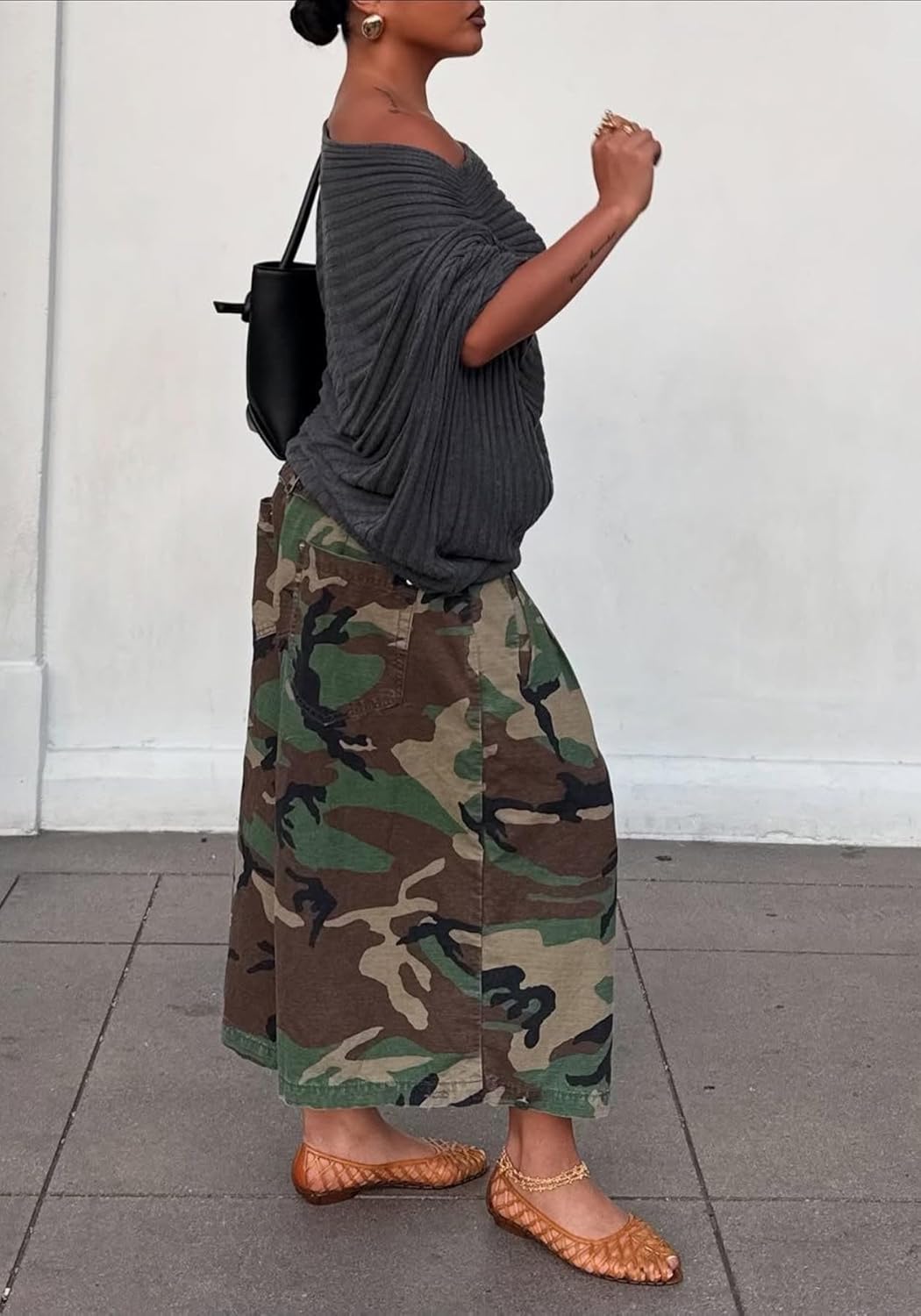LETSVDO Women Barrel Camo Pants Baggy High Waisted Wide Leg Camouflage Palazzo Capris Army Fatigue Jean Cropped Trousers - Image 6
