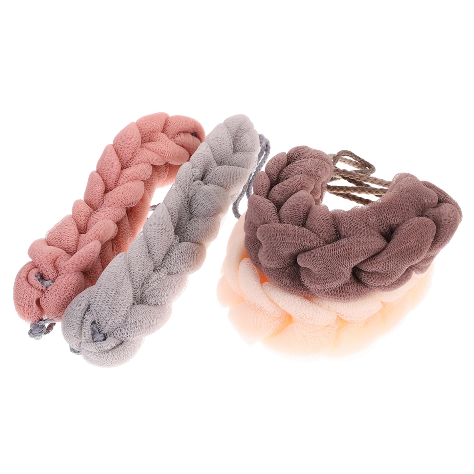 OSOLADY 4Pcs Bath Sponge Pouf Hand Held Weave Shower Tool for Exfoliating Skin Includes Grey Pink Beige Khaki Colors for Daily Bathing Care