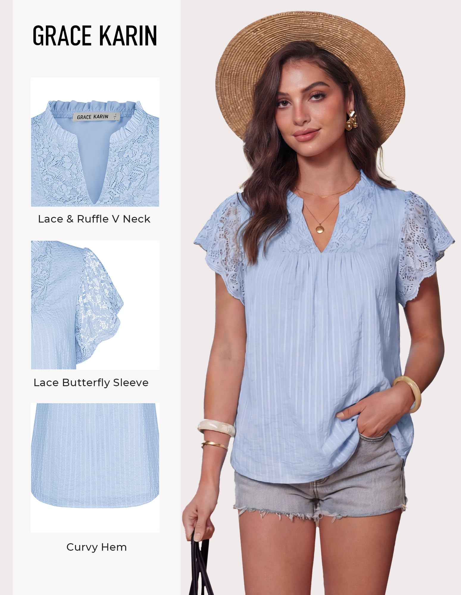 GRACE KARIN Blusa de algodón de encaje para mujer, elegante, cuello en V, volantes, manga corta, top de verano