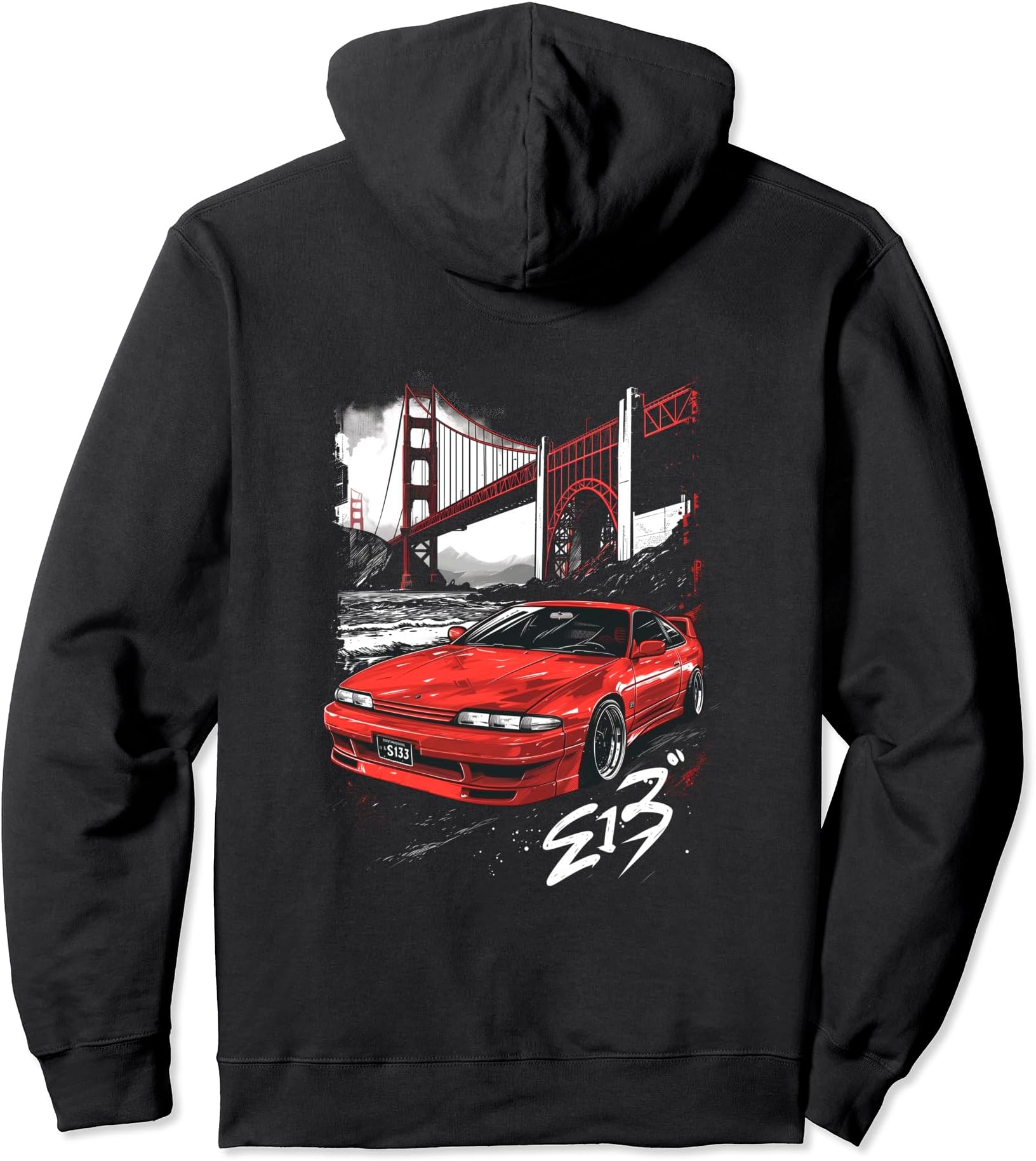 TurboForge Co. - JDM Japanese Car ArtJDM Tokyo Golden Gate Bridge Red 240sx Japanese Drift Car Pullover HoodieOEKO-TEX STANDARD 100