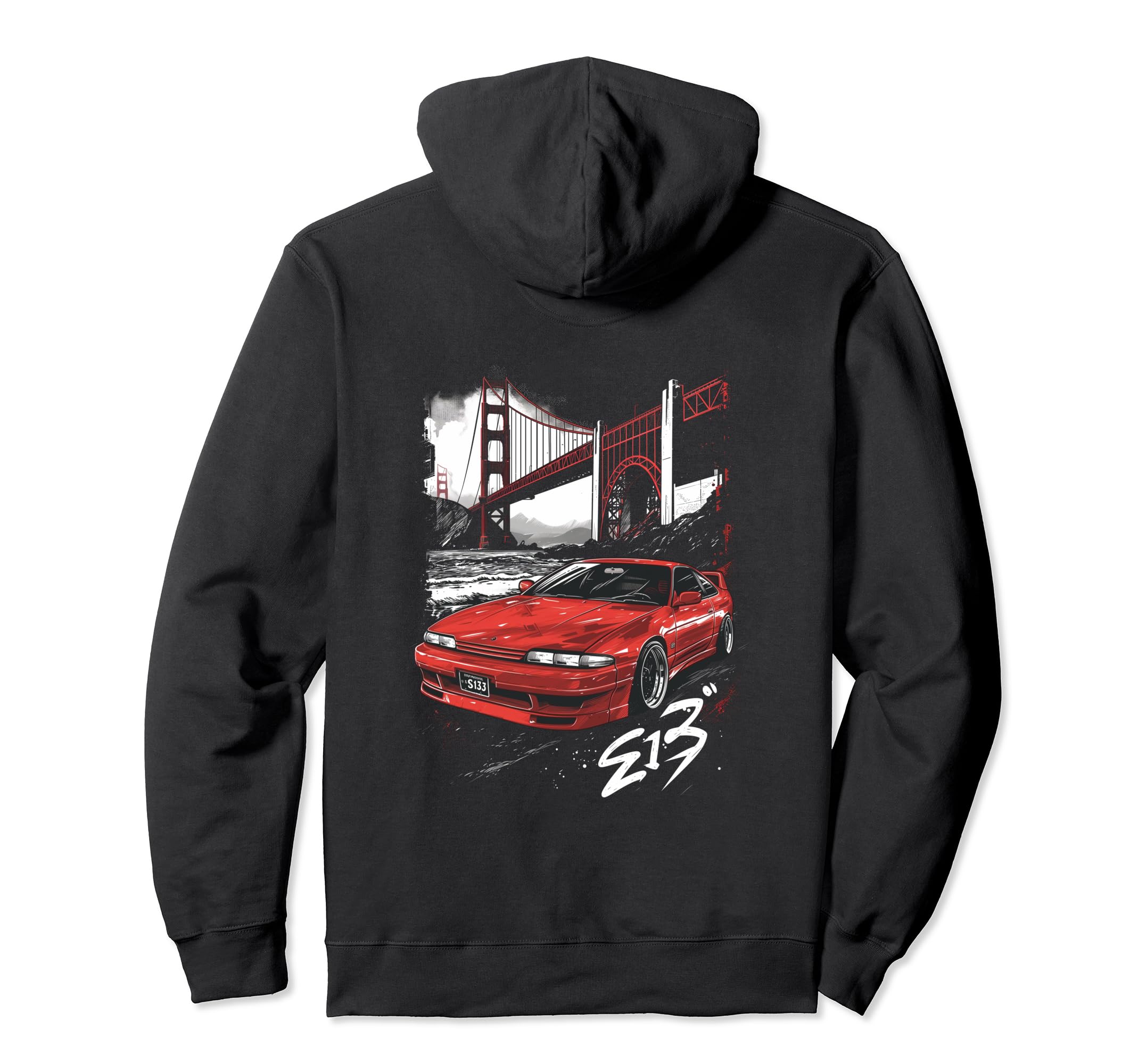 TurboForge Co. - JDM Japanese Car ArtJDM Tokyo Golden Gate Bridge Red 240sx Japanese Drift Car Pullover HoodieOEKO-TEX STANDARD 100