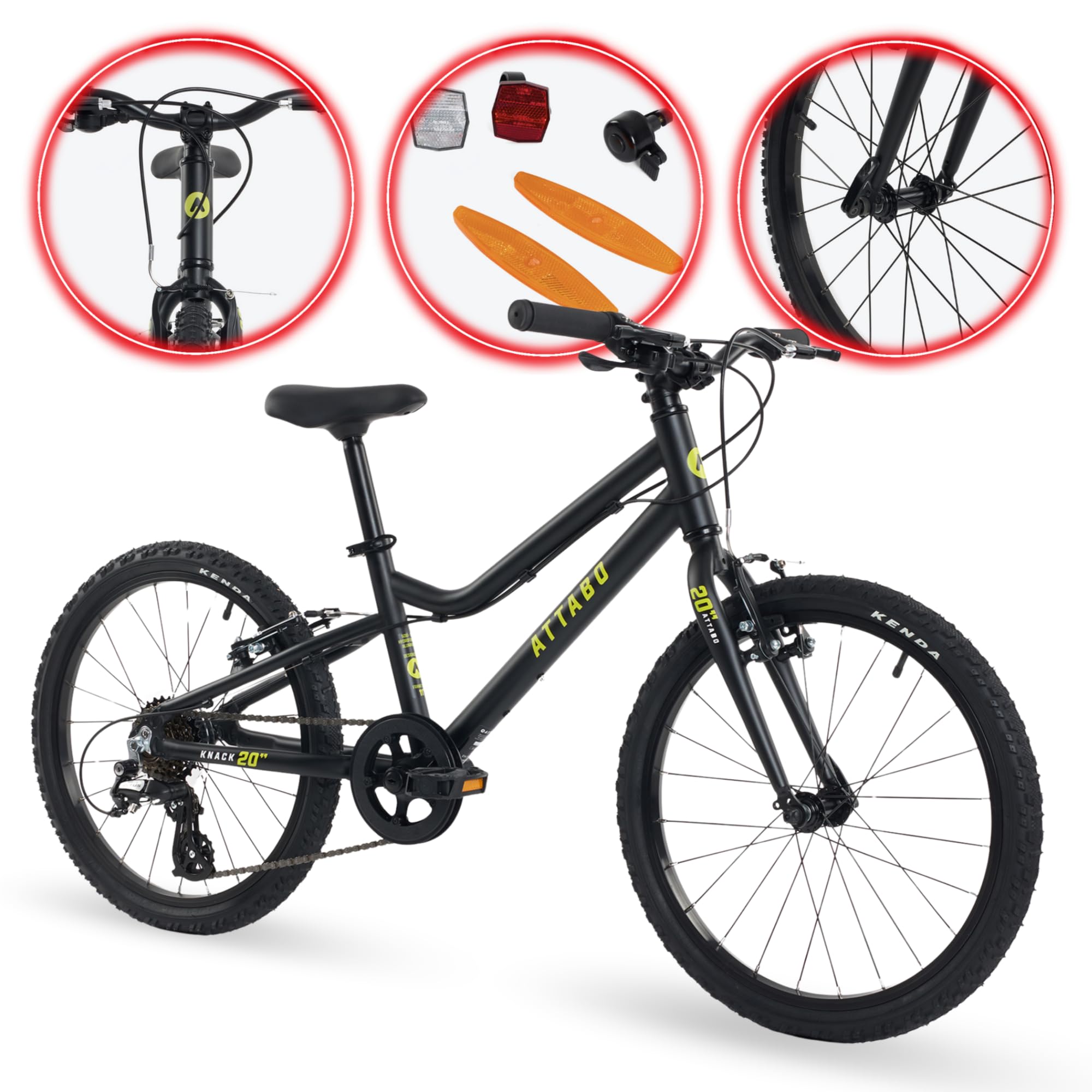 ATTABO Knack Leichtes Kinderfahrrad - 20 Zoll Fahrrad - Aluminiumrahmen & Shimano Schaltung - Schwarz - Für Schulweg und Familienausflüge