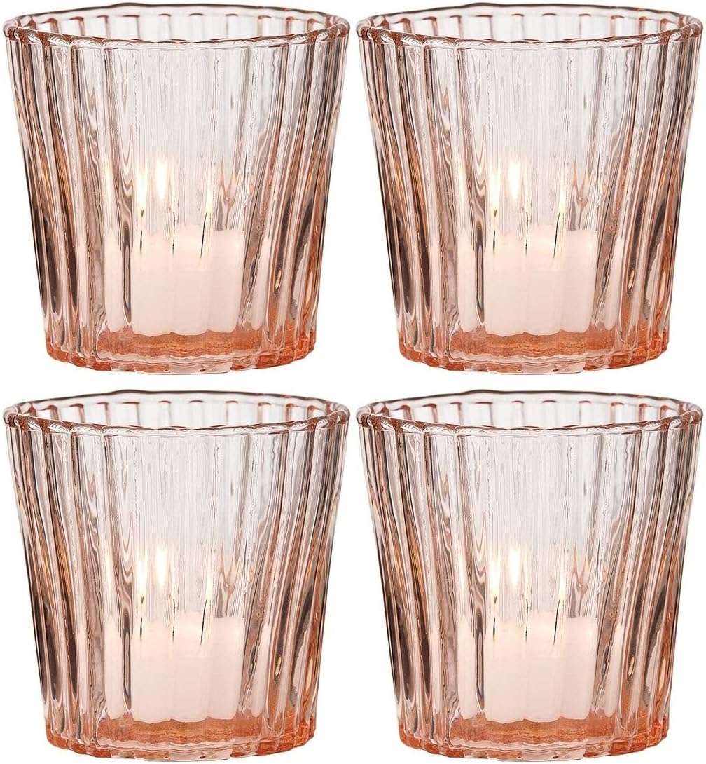 Luna Bazaar Vintage Glass Candle Holder (3-Inch, Caroline Design, Vertical Motif, Vintage Pink, Set of 4) - for Use with Tea Lights - for Home Decor, Parties, and Wedding Decorations