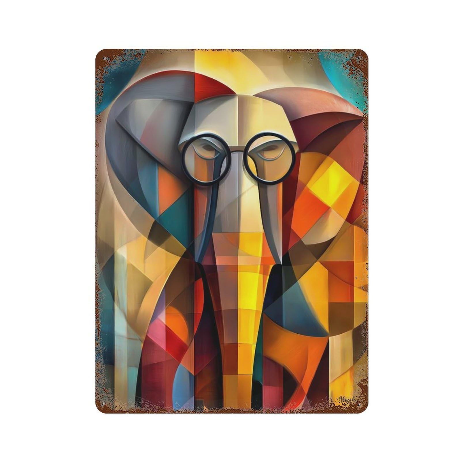 Rust Effect Charming Elephant – Cubist Scholar with Glasses Weathered Tin Sign 15.7"x11.8", Novelty Wall Decor for Office, Studio And Wall Decor