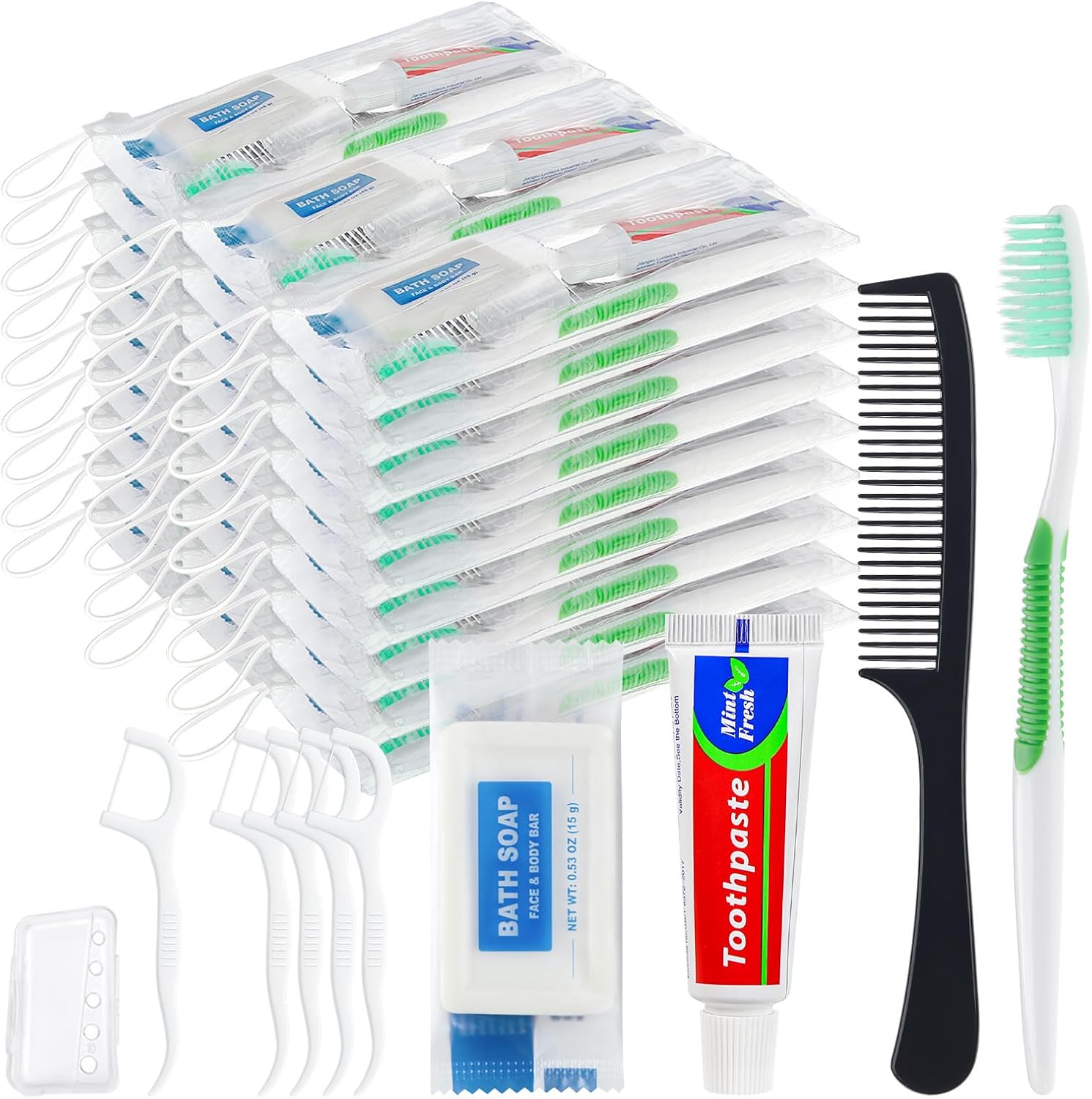 30 Set Personal Care Travel Toiletries Sets Bulk,7-in-1 Disposable Toothbrushes with Toothpaste and Floss,Comb,Soap,Cover,Zip Bag Toiletry Travel Toothbrush Kit for Homeless,Hotel,Charity