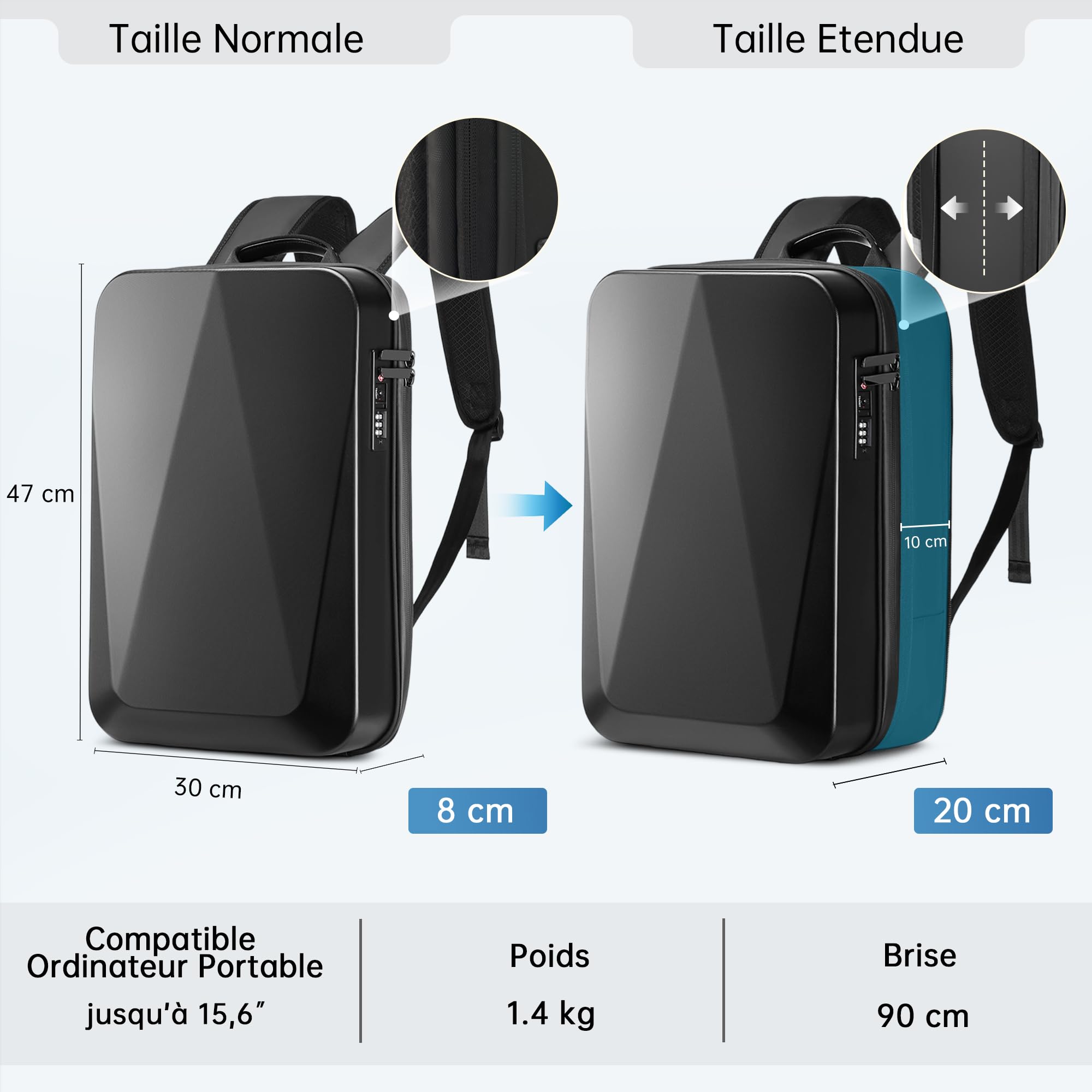 VARLIVOO Sac à Dos Ordinateur Portable Extensible Homme 15,6 Pouces, Antivol Imperméable avec Port USB, Sac à Dos PC Rigide pour Travail, Voyage et Loisirs, Noir A, Extensible