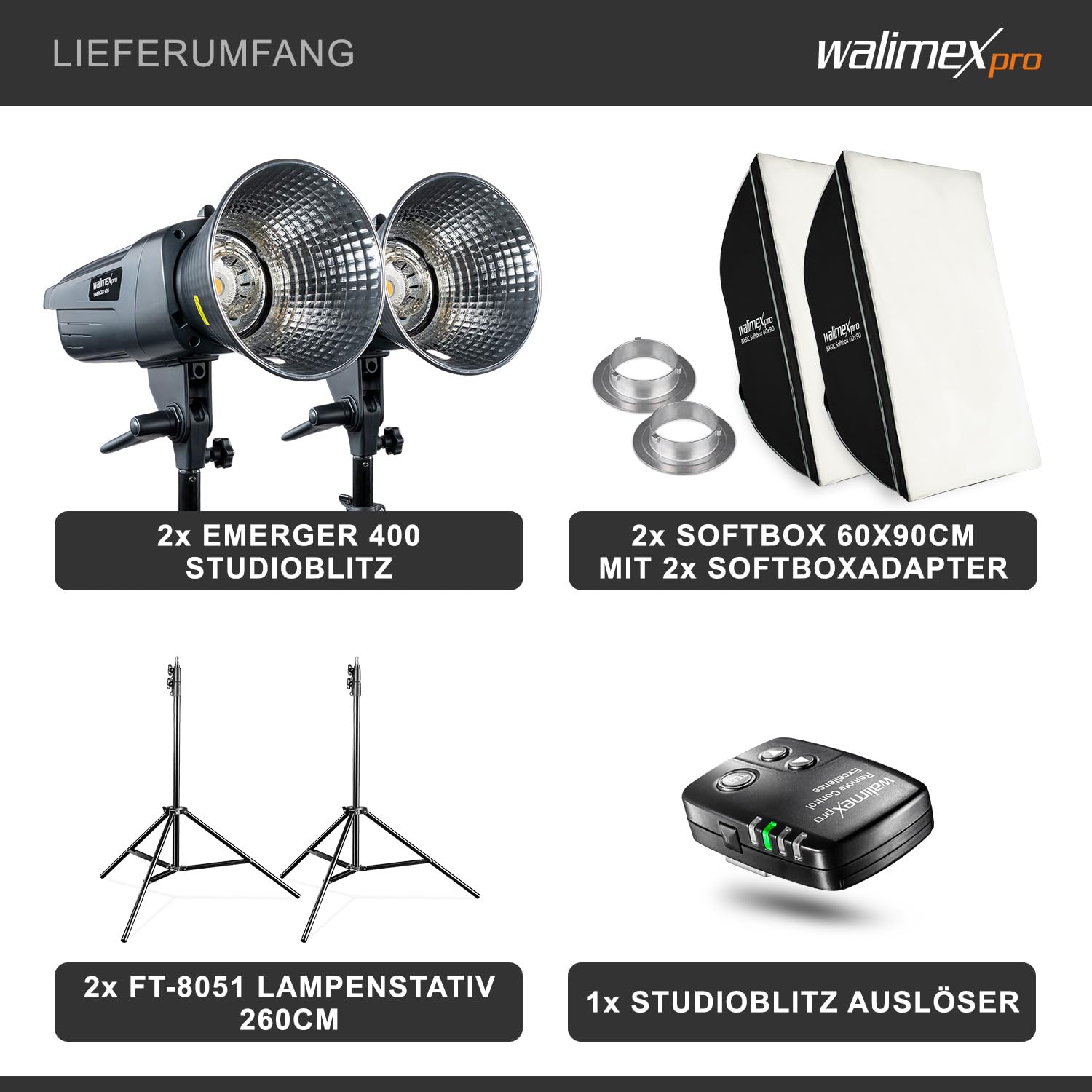 Walimex pro Emerger 400 Set Double - luz de Estudio de 400 WS con Receptor de 2,4 GHz, Corto Tiempo de Recarga, luz LED de Modelado, 16 Canales y 4 Grupos, compacta y portátil