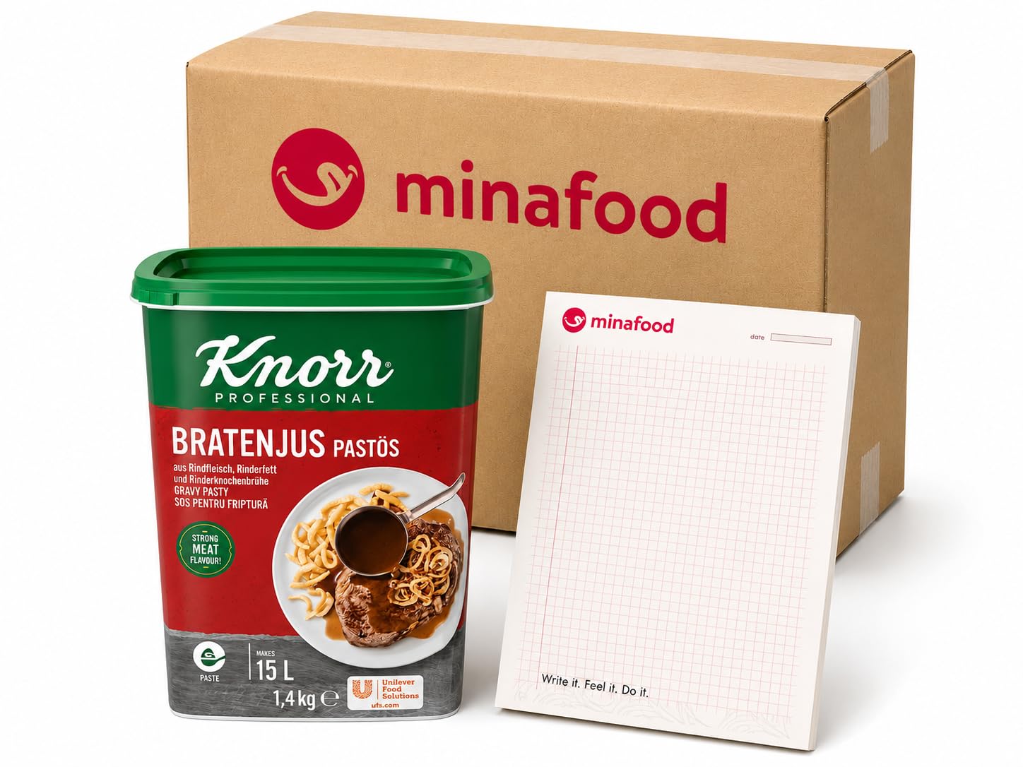 minafood Bundle per Bratenjus Pastoso 1,4kg Salsa Arrosto Pasta senza glutine + Blocco Note