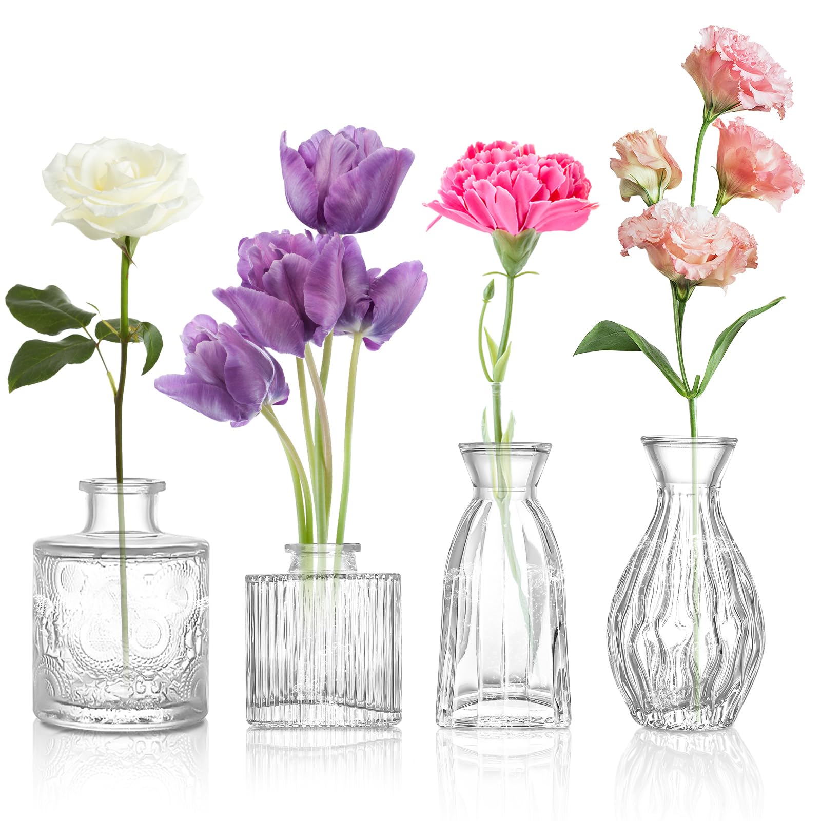 Glass Bud Vase Clear Bud Vases Set of 4 for Centerpieces, Vintage Glass Flower Vases in Bulk Suitable for Weddings, Parties or Home Decoration