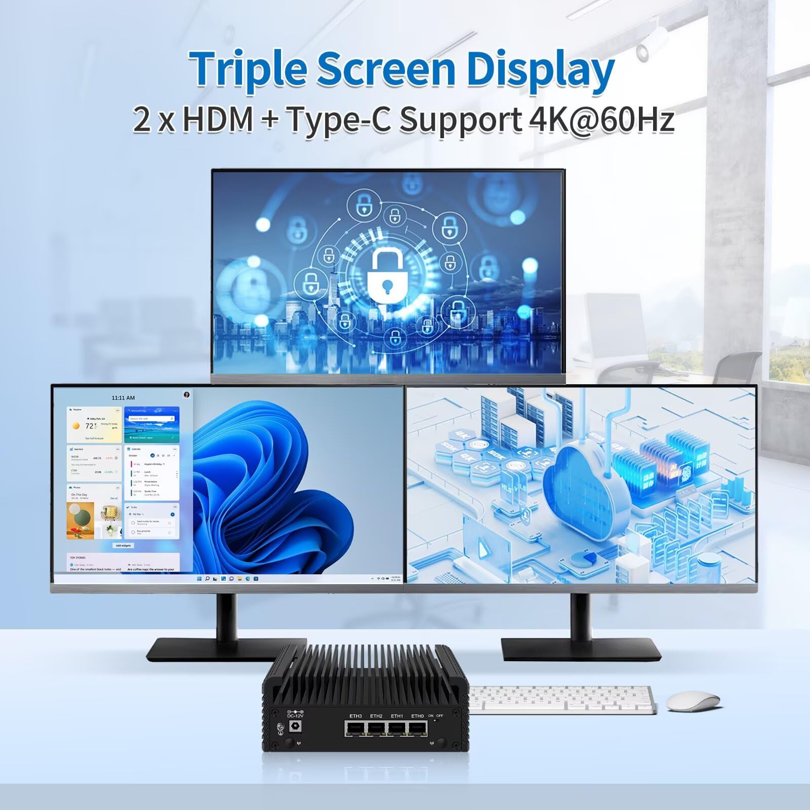 Firewall Mini PC J6413,4C/4T Fanless Micro Firewall Appliance 4X 2.5 GBe LAN Type-C/5USB/2HD/TF/Auto Power,OPNsense/AES-NI Router Netzwerk Security,DDR4 Barebone,Triple Display