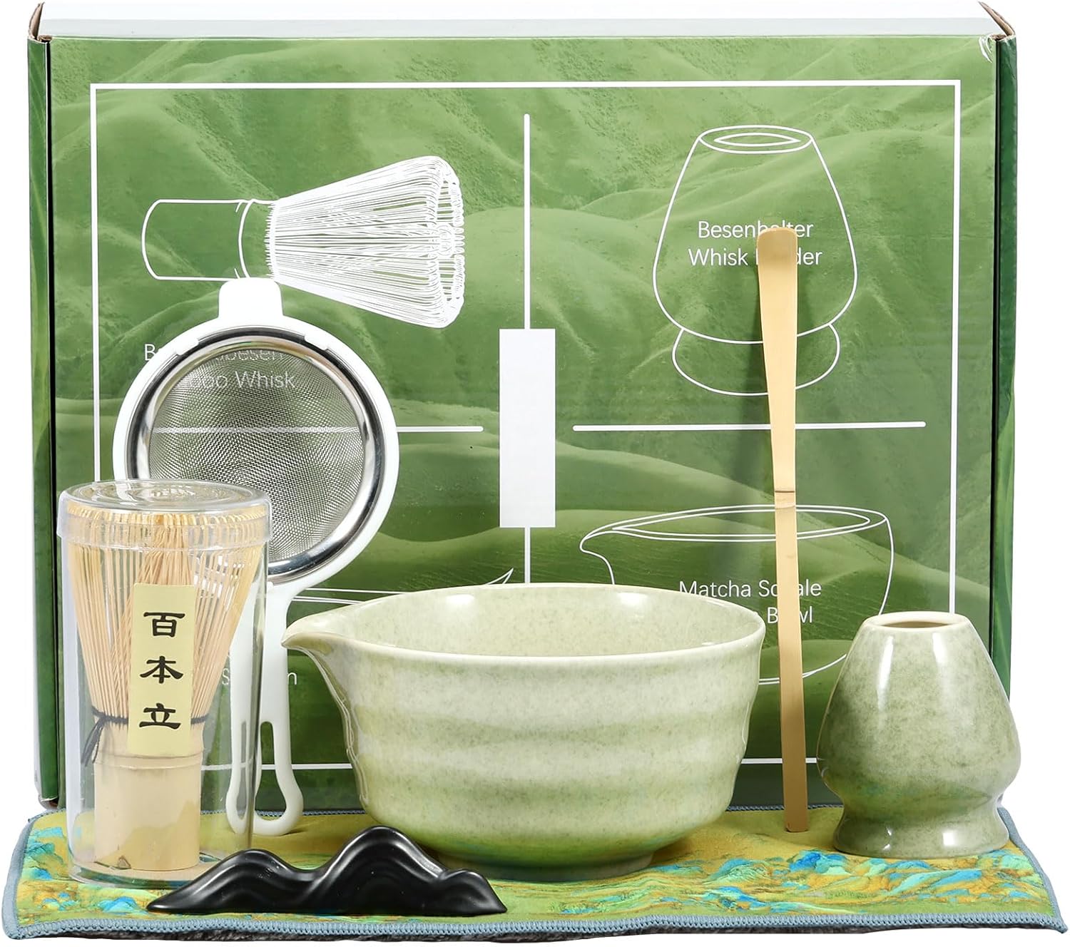 7Pcs Japanese Matcha Tea Set Matcha Making Starter Kit with Matcha Whisk Bowl Whisk Holder Scoop and Strainer Safe Bamboo Matcha Whisk and Ceramic Bowl Set for Matcha Tea(Matcha Green)