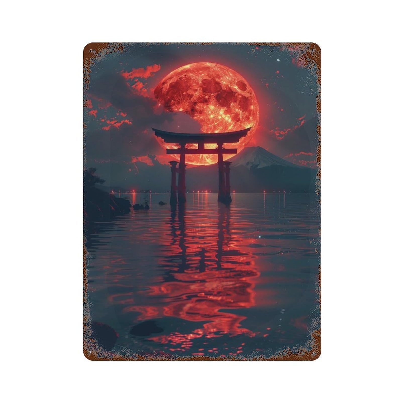 Red Moon Torii Gate 15.7"x11.8" Rustic Tin Plaque, Novelty Wall Decor for Living Room, Hallway And Home Decor