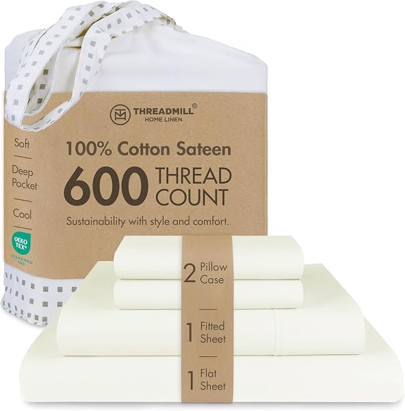 Threadmill 600 Thread Count Cotton King Sheet Set, Sateen, Ivory, 4-Piece