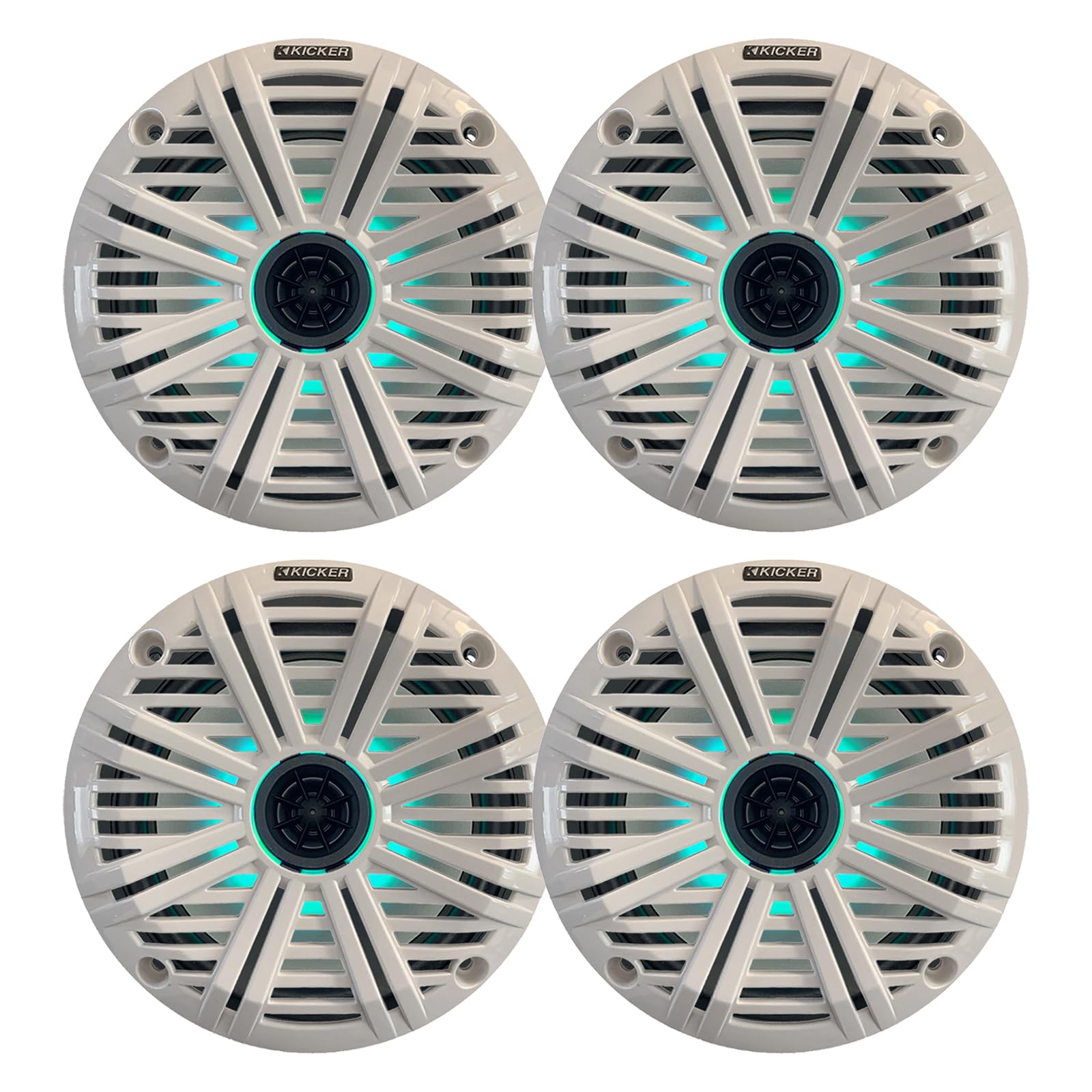 KICKER 6.5" 195 Watt Peak Power Marine OEM Replacement RGB Multicolor LED Boat Audio Speakers (Qty 4) with White Salt Water Grilles