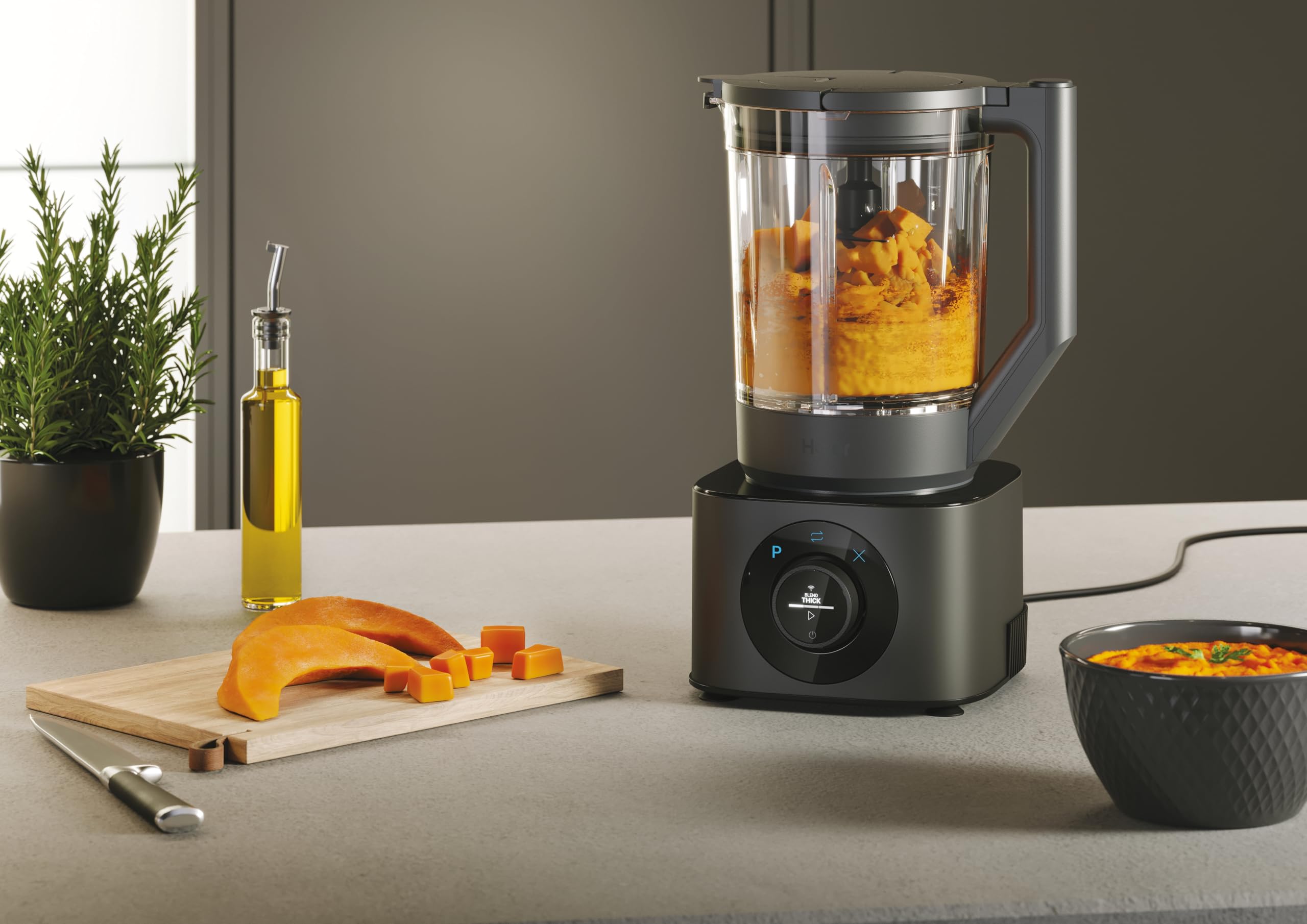 Haier HBL7W5 011 Robot de cocina Series 7, 6 programas: Picar, Licuar, Triturar hielo, Crema, Amasar y Prelavado, 10 velocidades, Incluye Jarra, Bol picador, y Vaso portátil,1200W, Gris